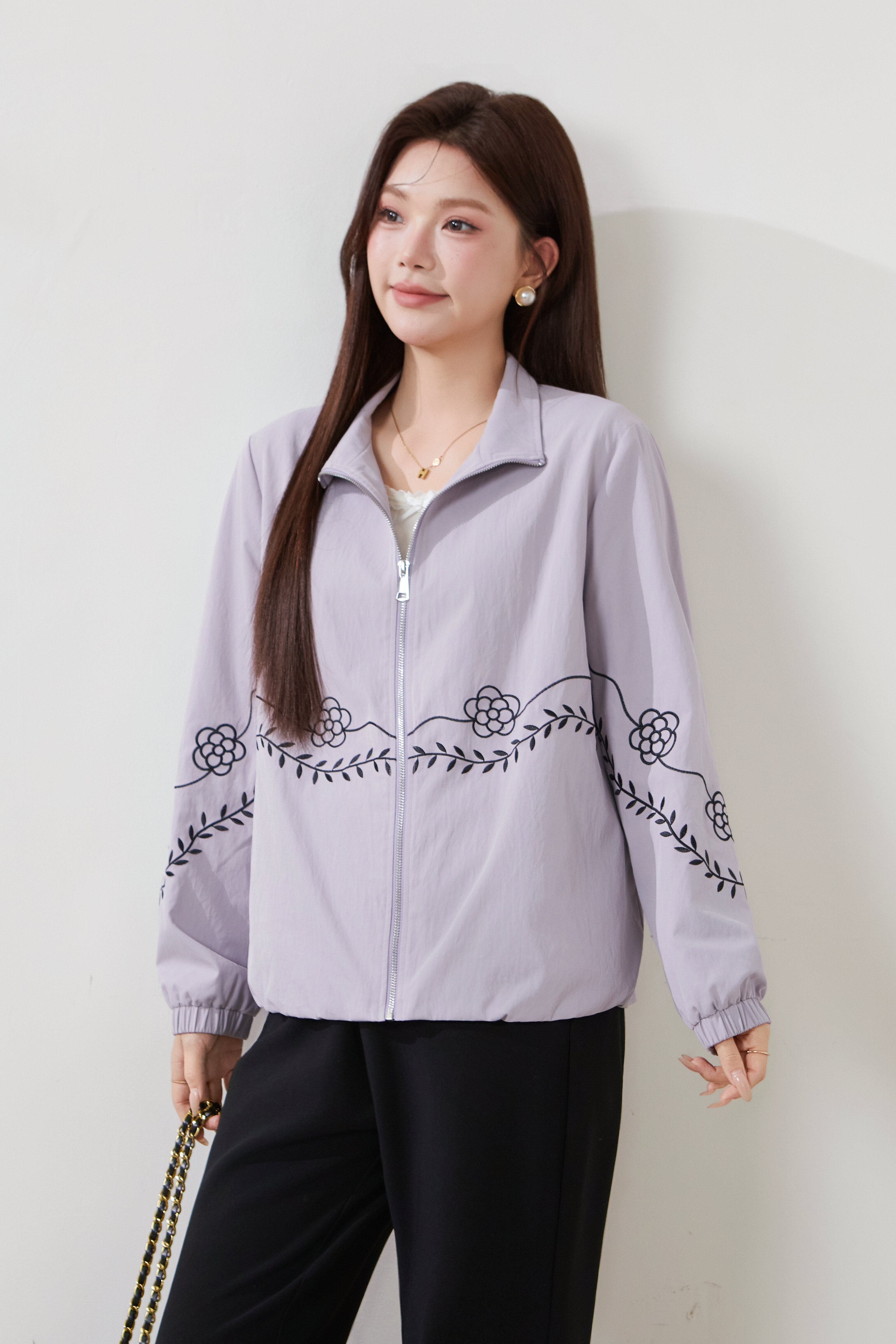 Drawstring Stand Collar Embroidered Jacket FCW6891