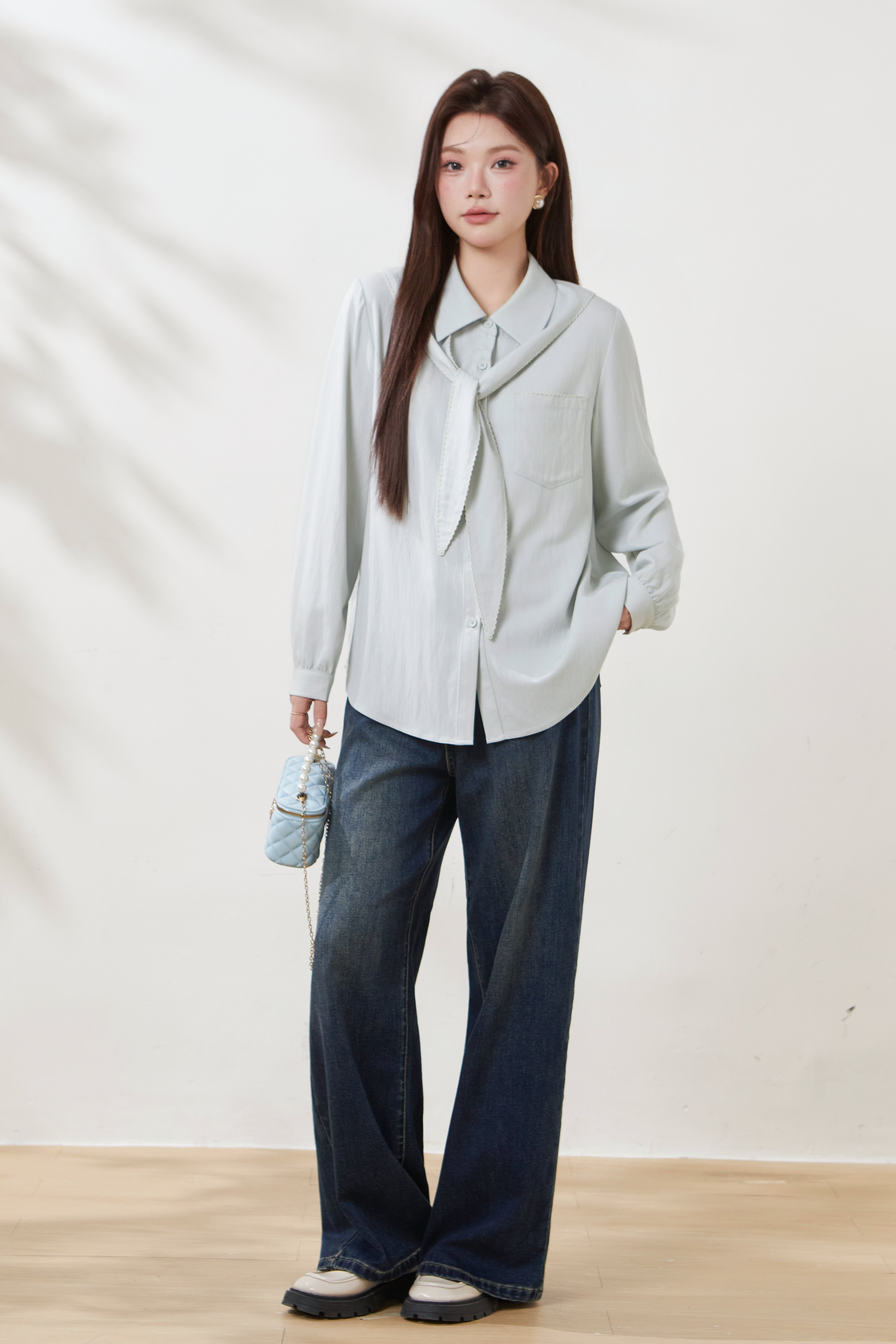 Imitation Cotton-Linen Scarf Collar Shirt FCA6978