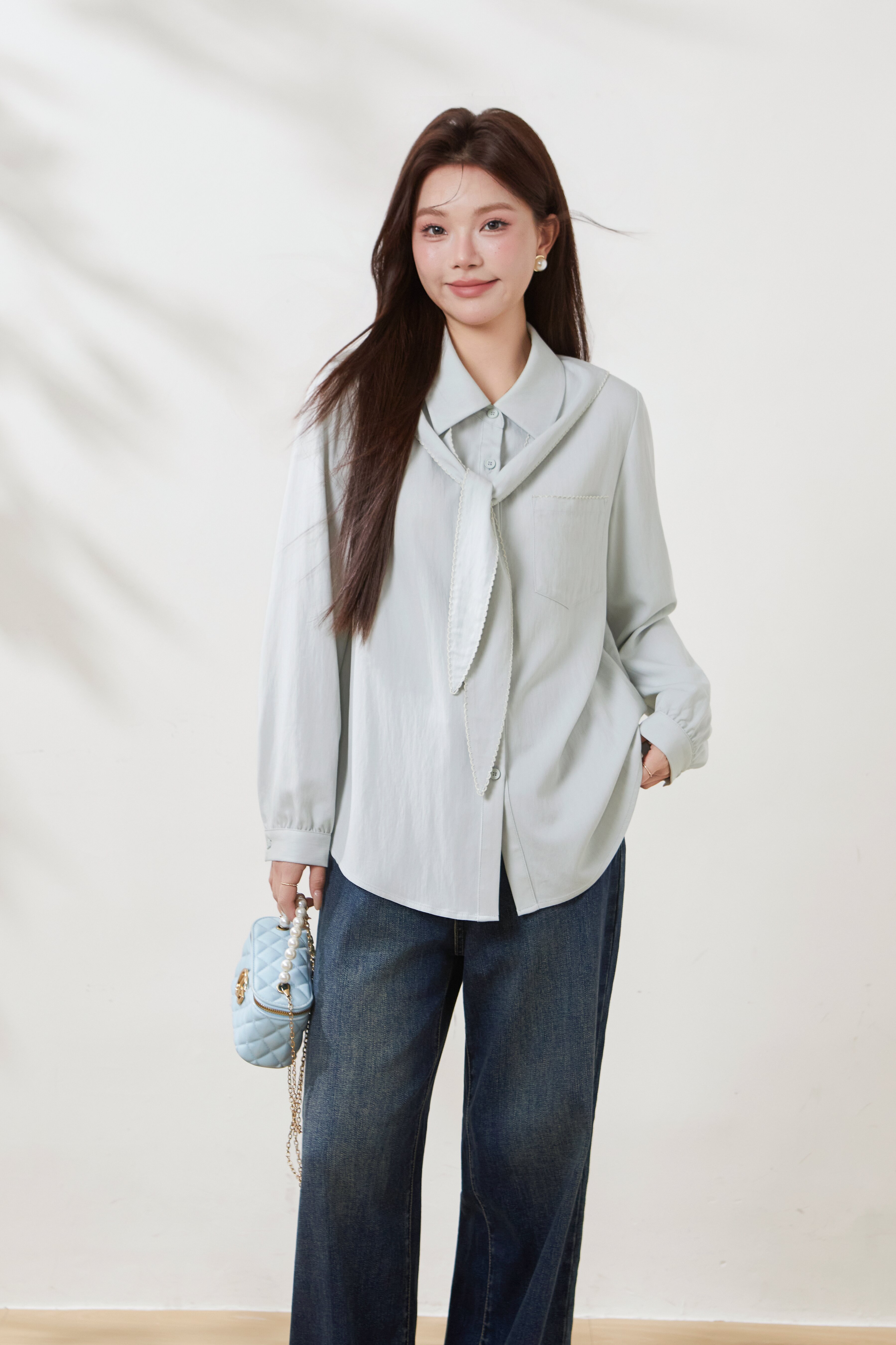 Imitation Cotton-Linen Scarf Collar Shirt FCA6978