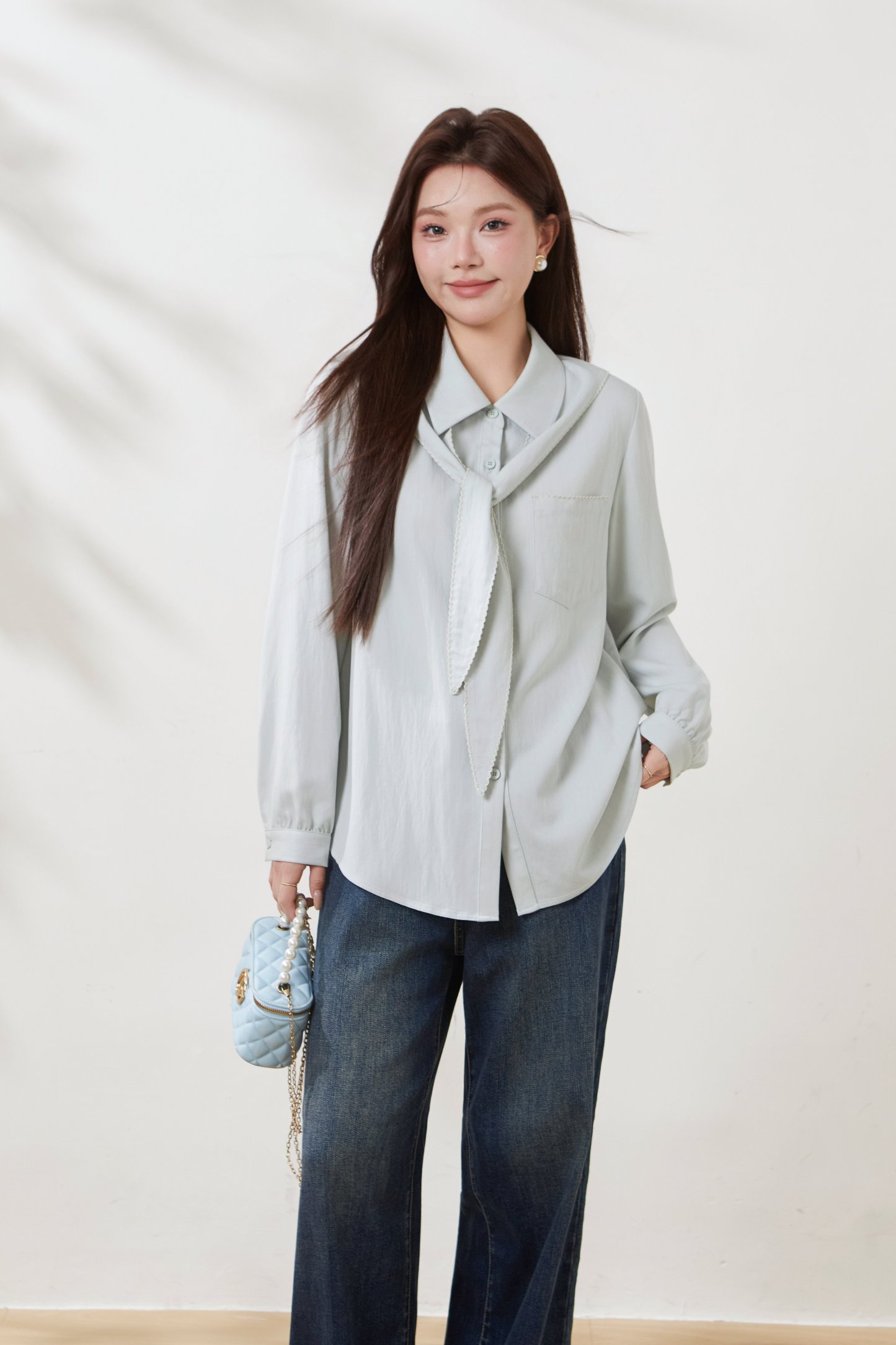 Imitation Cotton-Linen Scarf Collar Shirt FCA6978