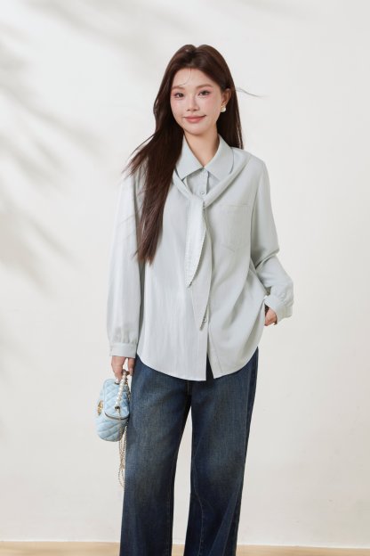Imitation Cotton-Linen Scarf Collar Shirt FCA6978