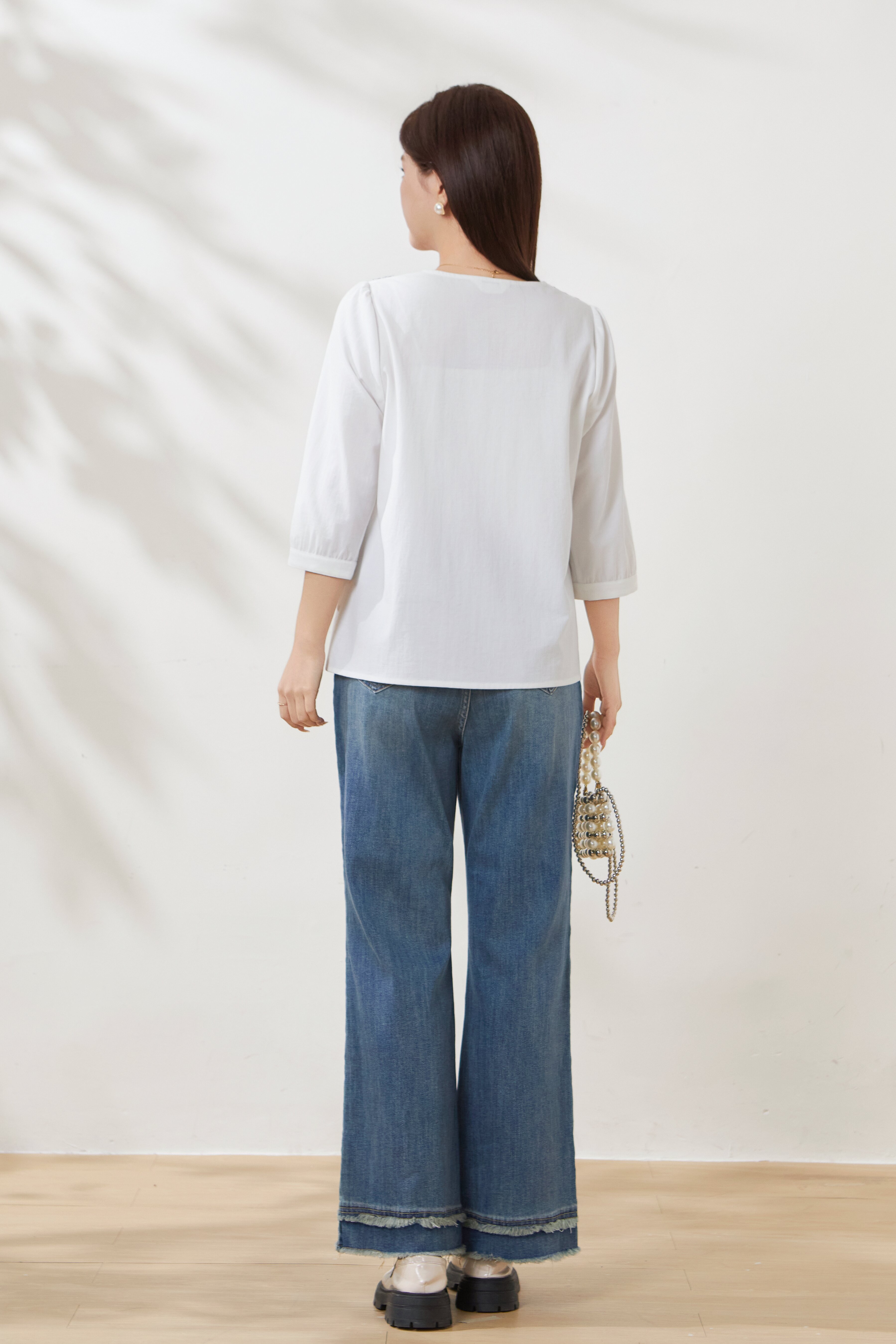 Printed shawl with ribbon, imitation cotton-linen blouse FCA6925