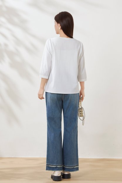 Printed shawl with ribbon, imitation cotton-linen blouse FCA6925