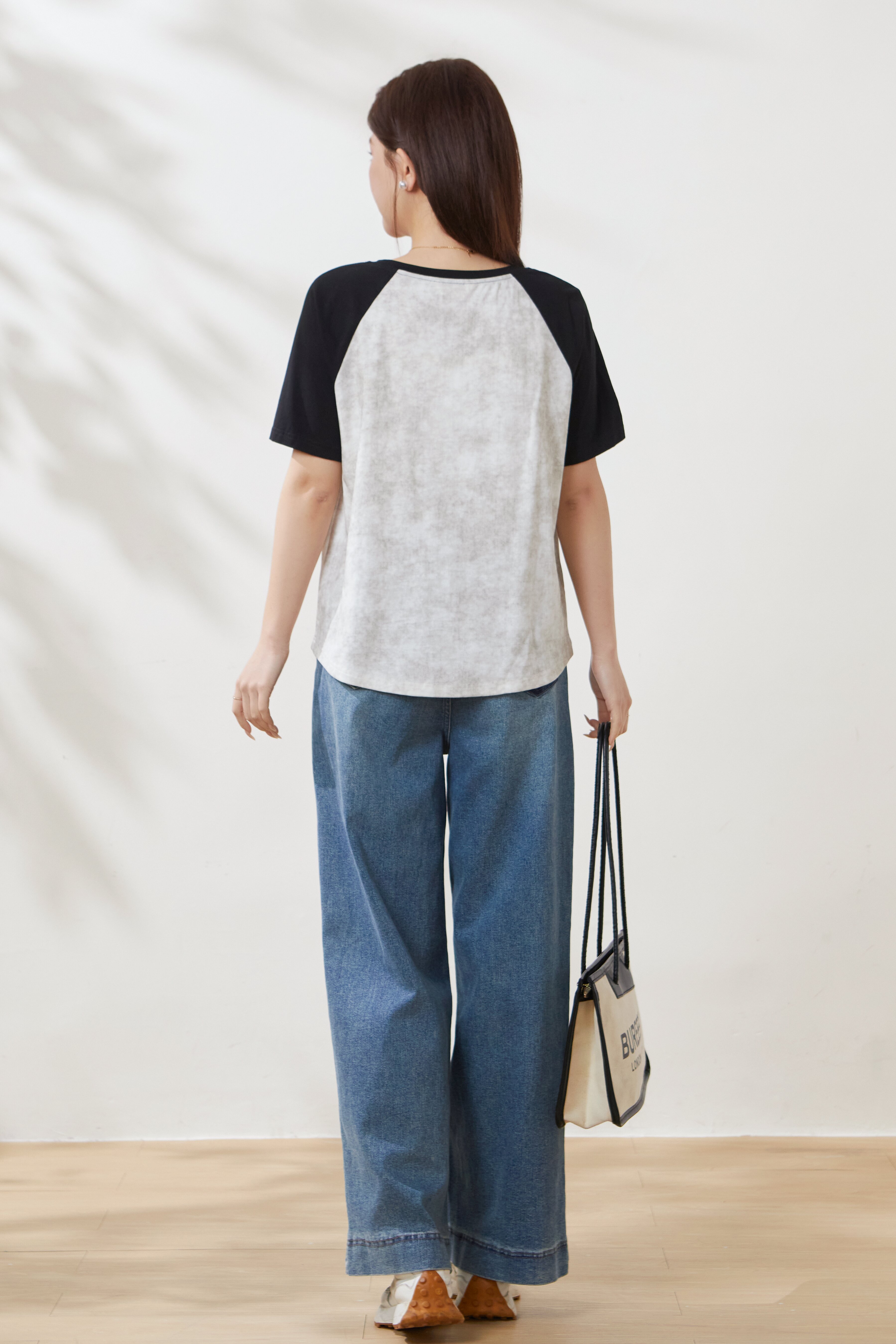 Two-tone raglan sleeve round neck printed T-shirt FXZ8013