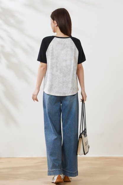 Two-tone raglan sleeve round neck printed T-shirt FXZ8013