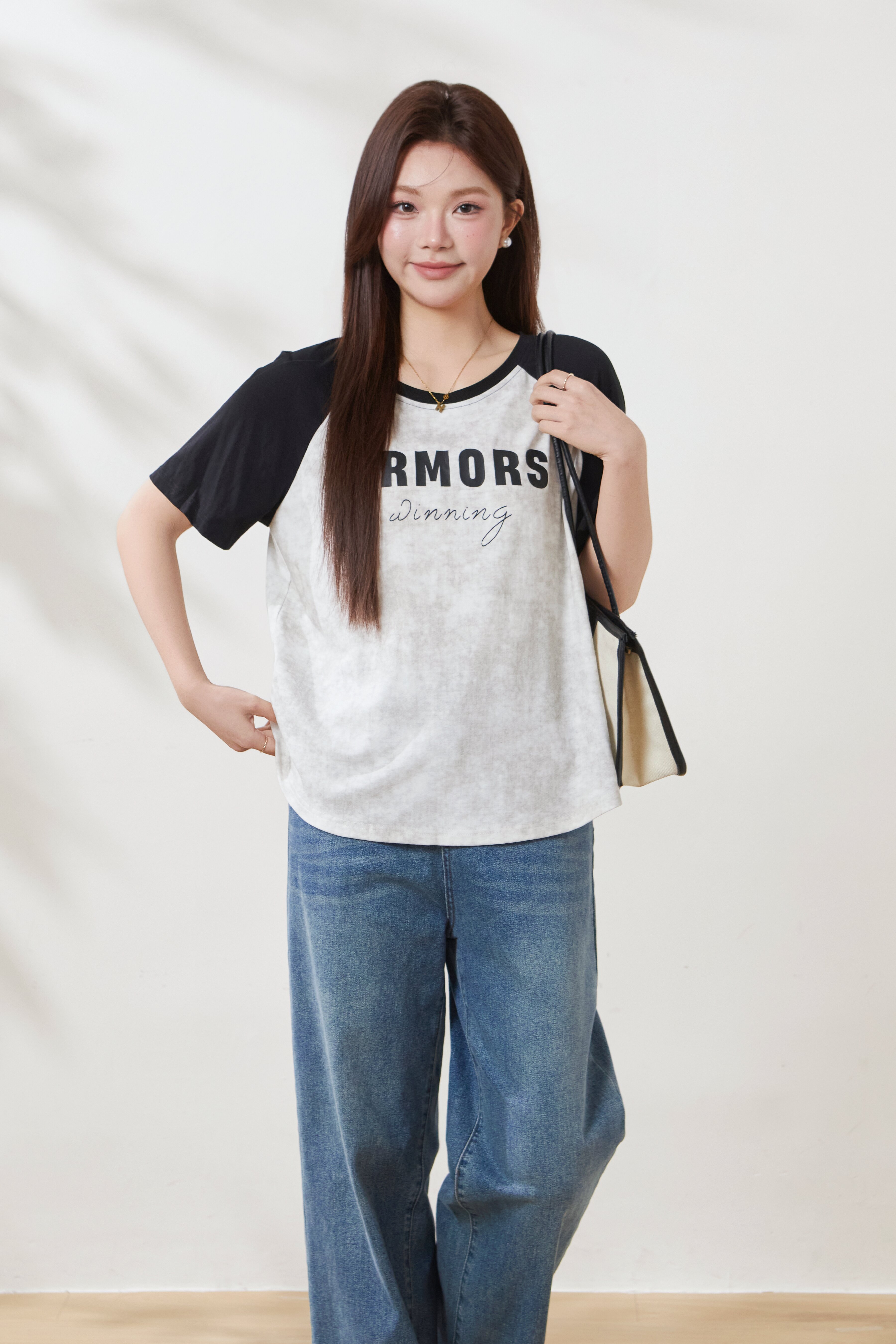 Two-tone raglan sleeve round neck printed T-shirt FXZ8013