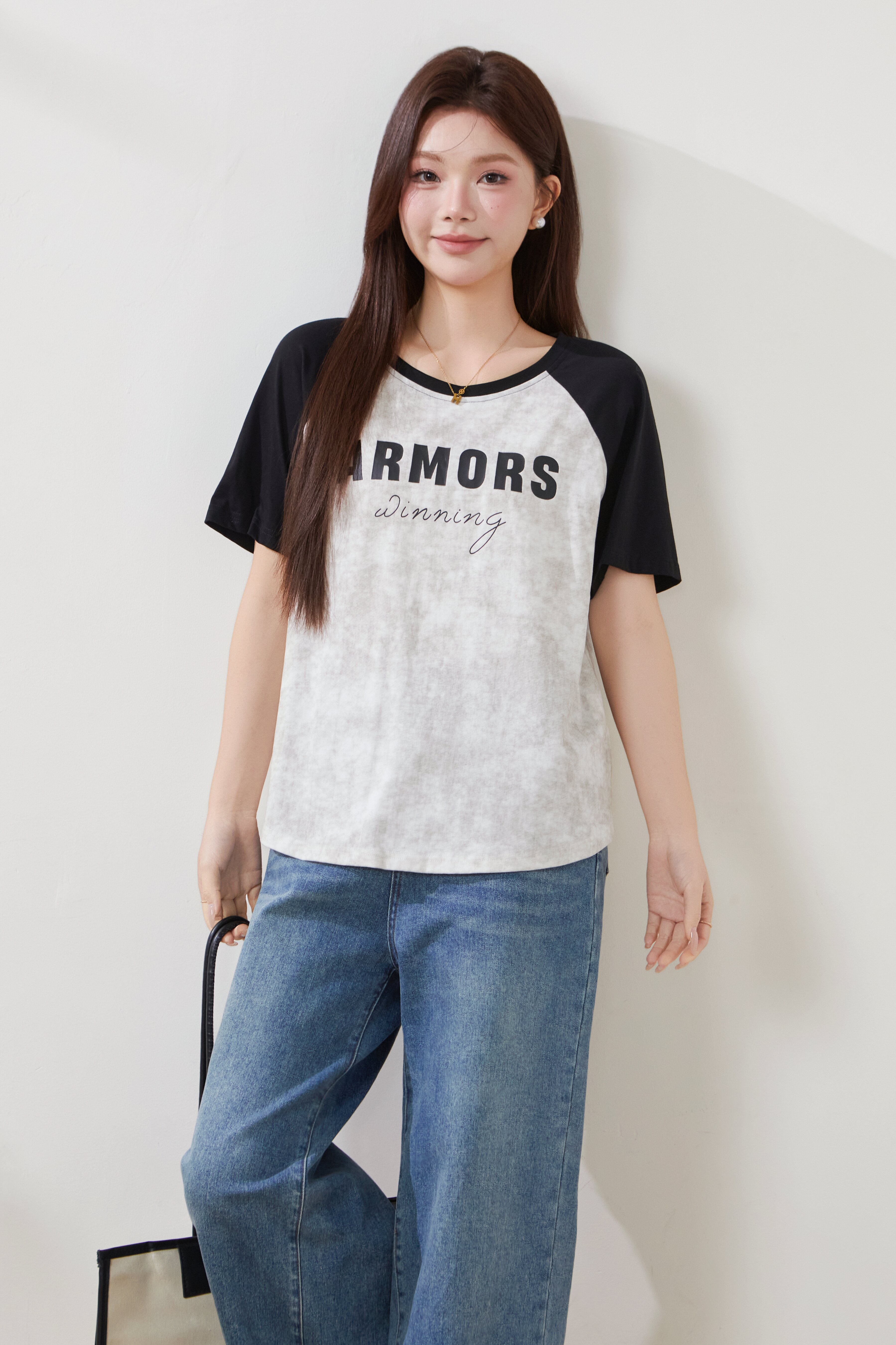 Two-tone raglan sleeve round neck printed T-shirt FXZ8013