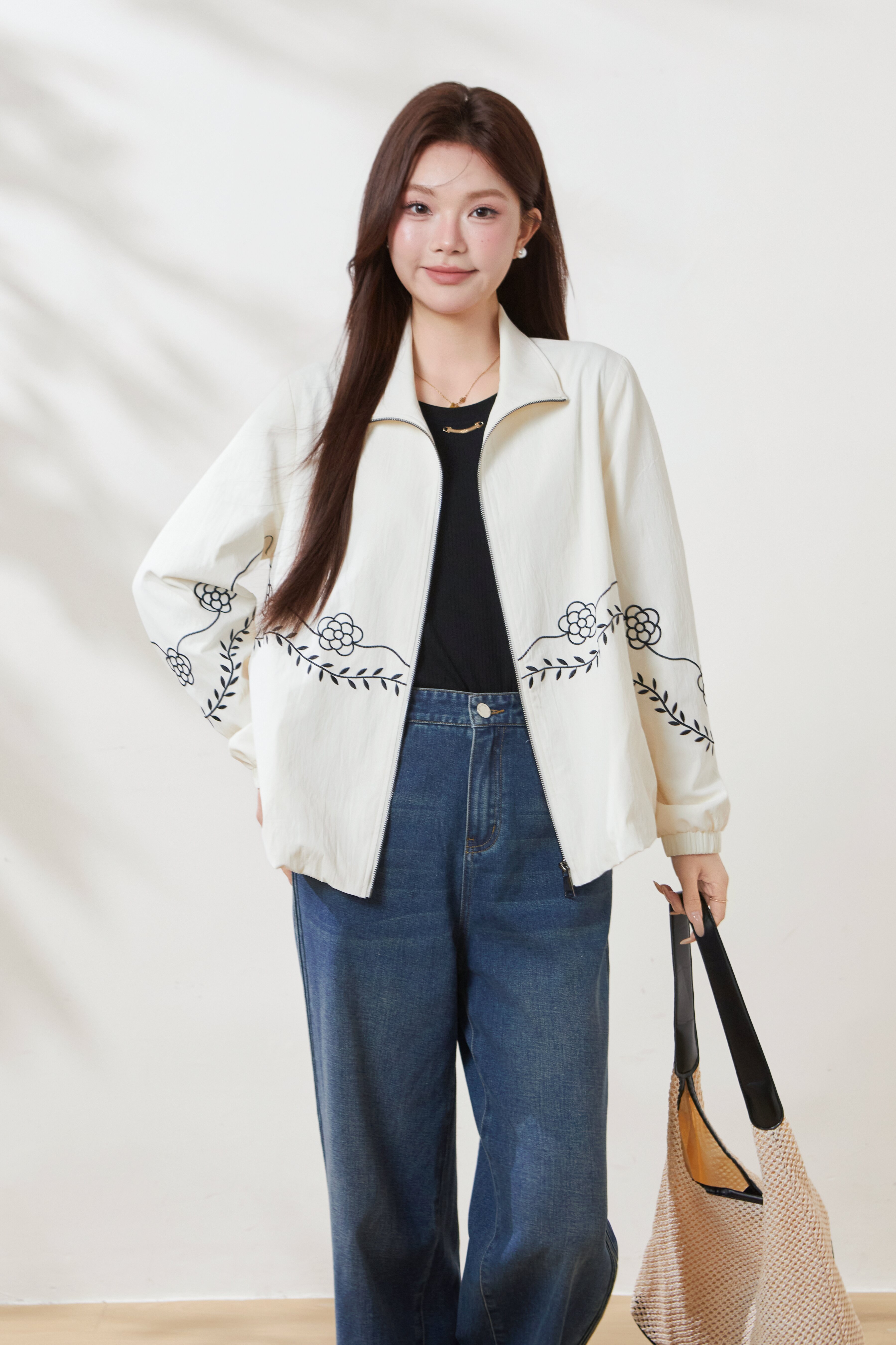 Drawstring Stand Collar Embroidered Jacket FCW6891
