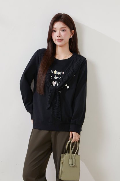Lace Scarf Round Neck Printed Sweatshirt FCZ6866
