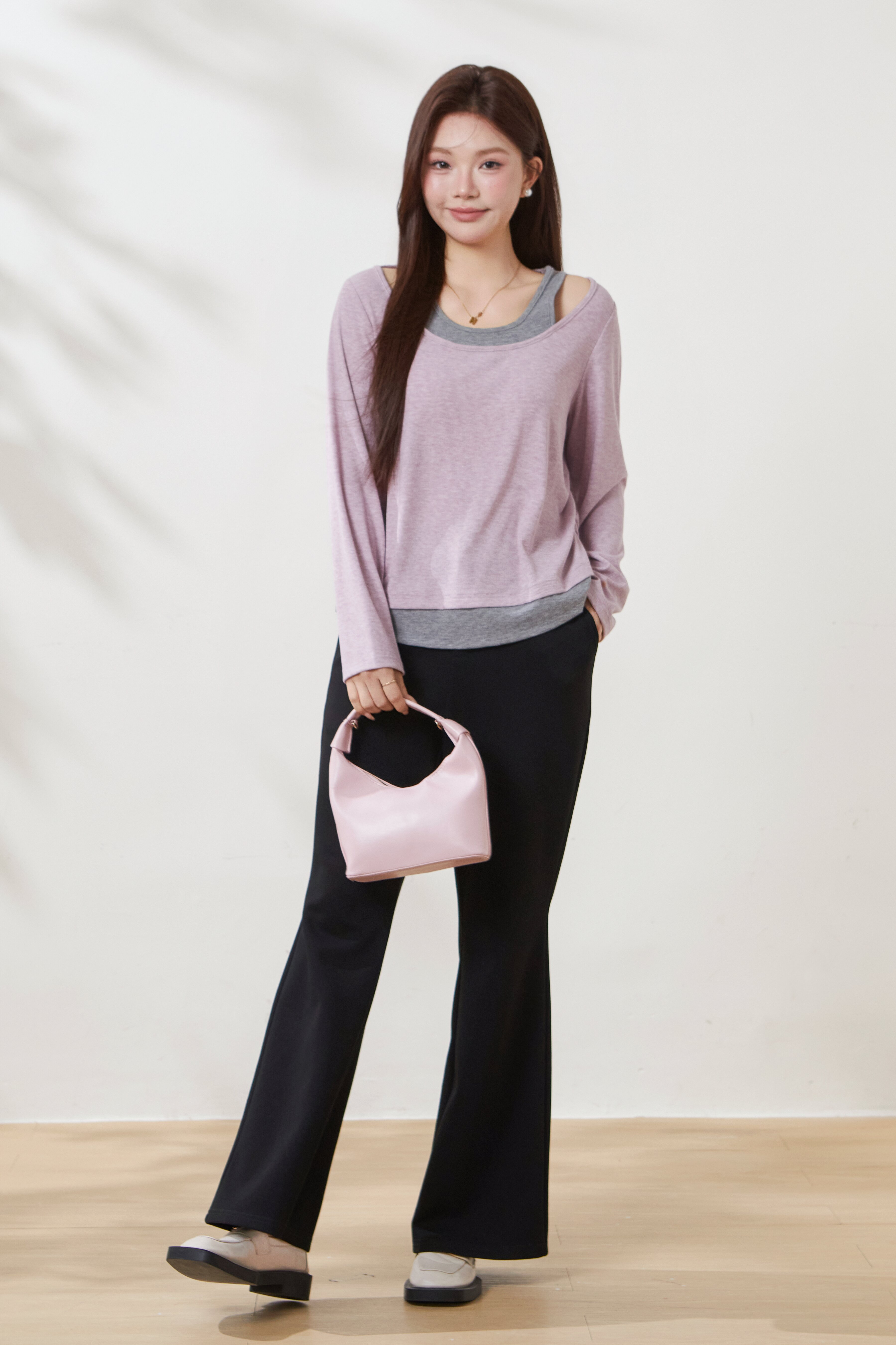 U-neck waist-cinching color-blocked faux two-piece T-shirt FCZ6985