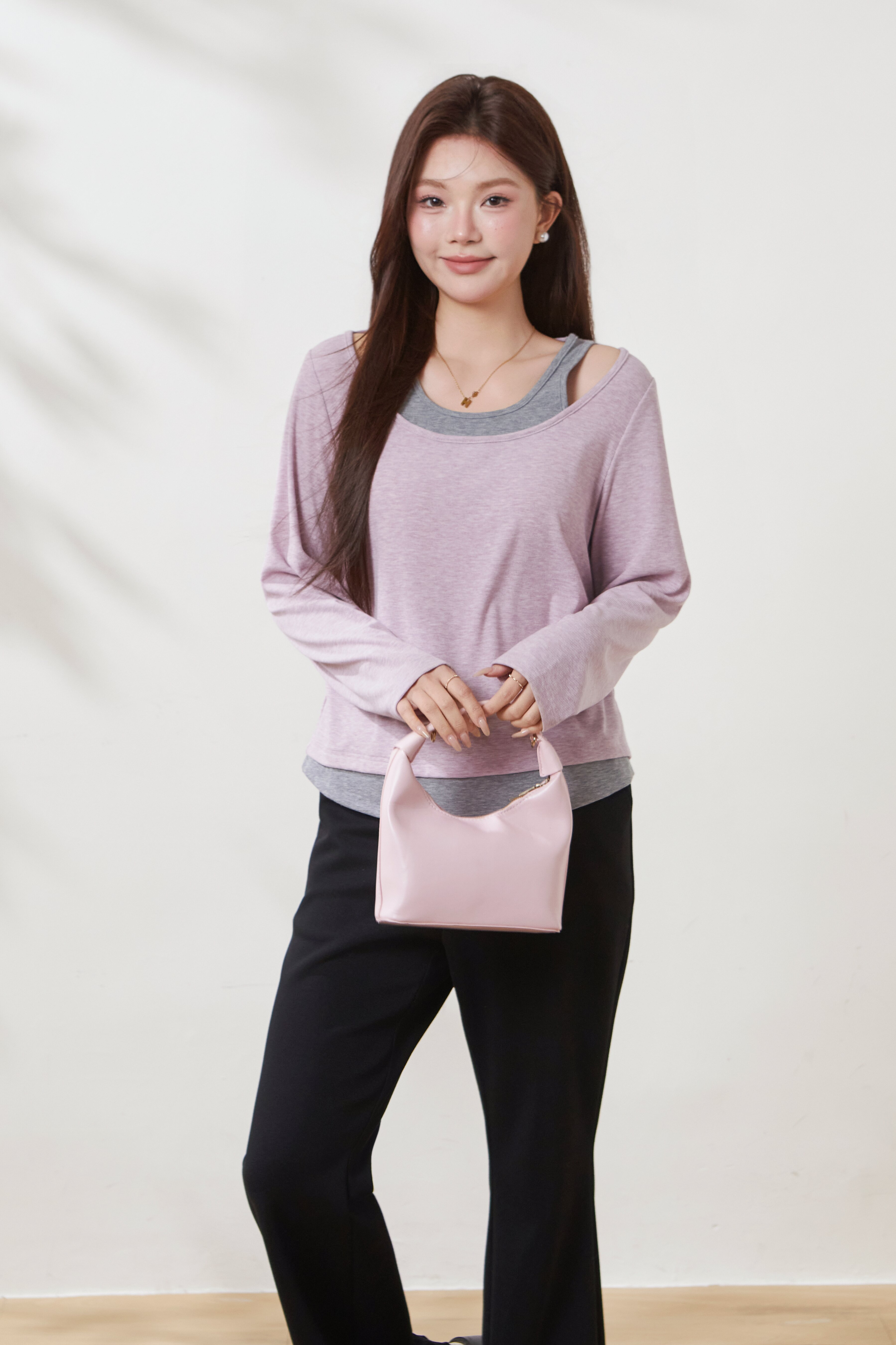 U-neck waist-cinching color-blocked faux two-piece T-shirt FCZ6985