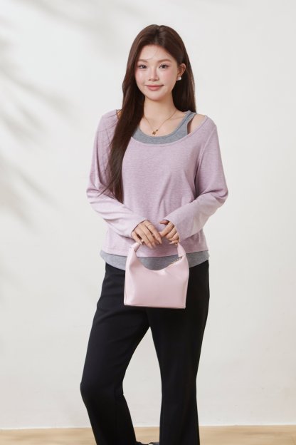 U-neck waist-cinching color-blocked faux two-piece T-shirt FCZ6985