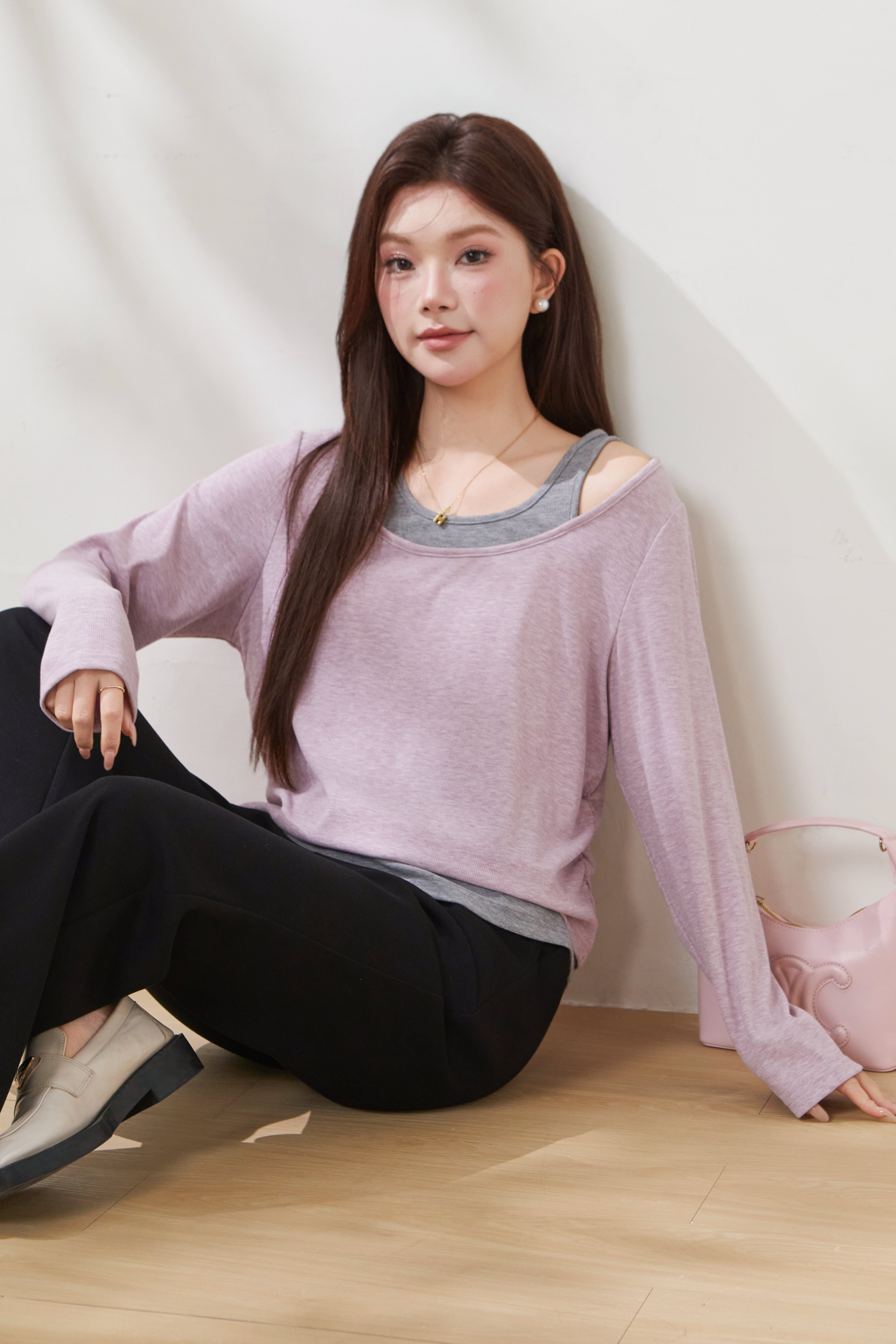 U-neck waist-cinching color-blocked faux two-piece T-shirt FCZ6985