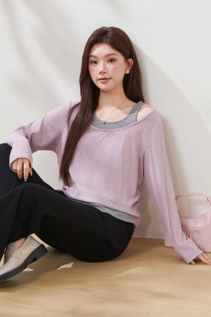 U-neck waist-cinching color-blocked faux two-piece T-shirt FCZ6985