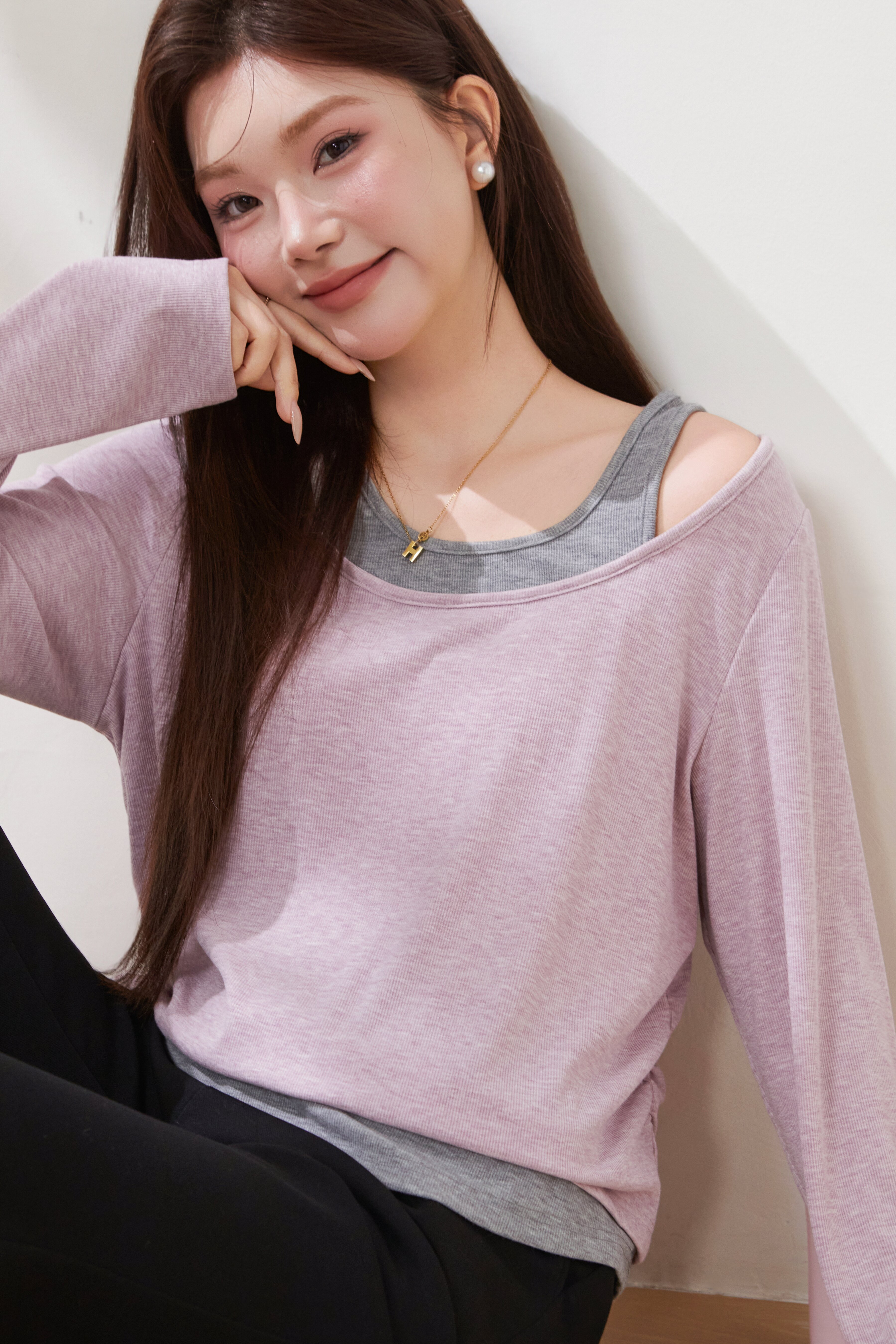 U-neck waist-cinching color-blocked faux two-piece T-shirt FCZ6985