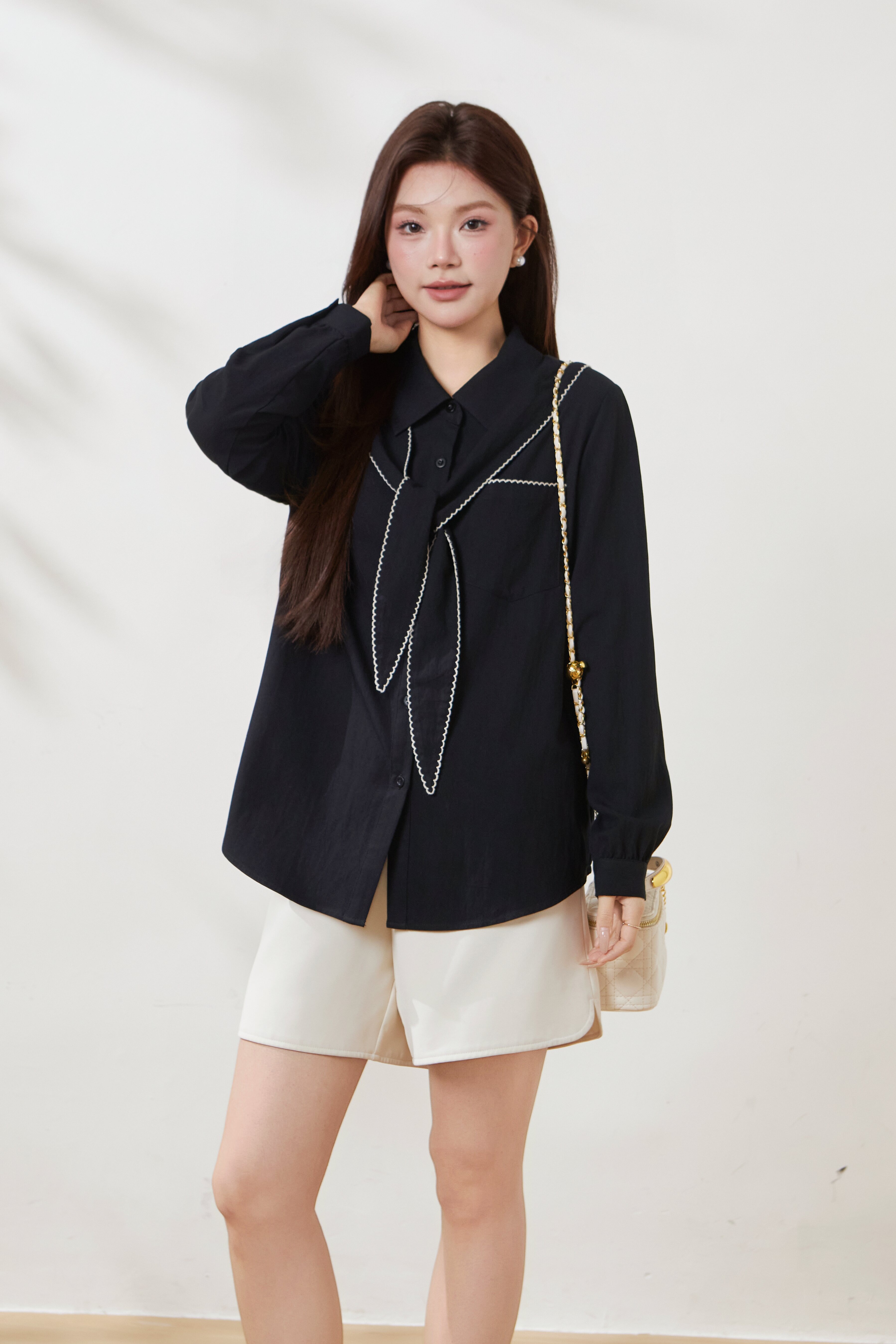 Imitation Cotton-Linen Scarf Collar Shirt FCA6978