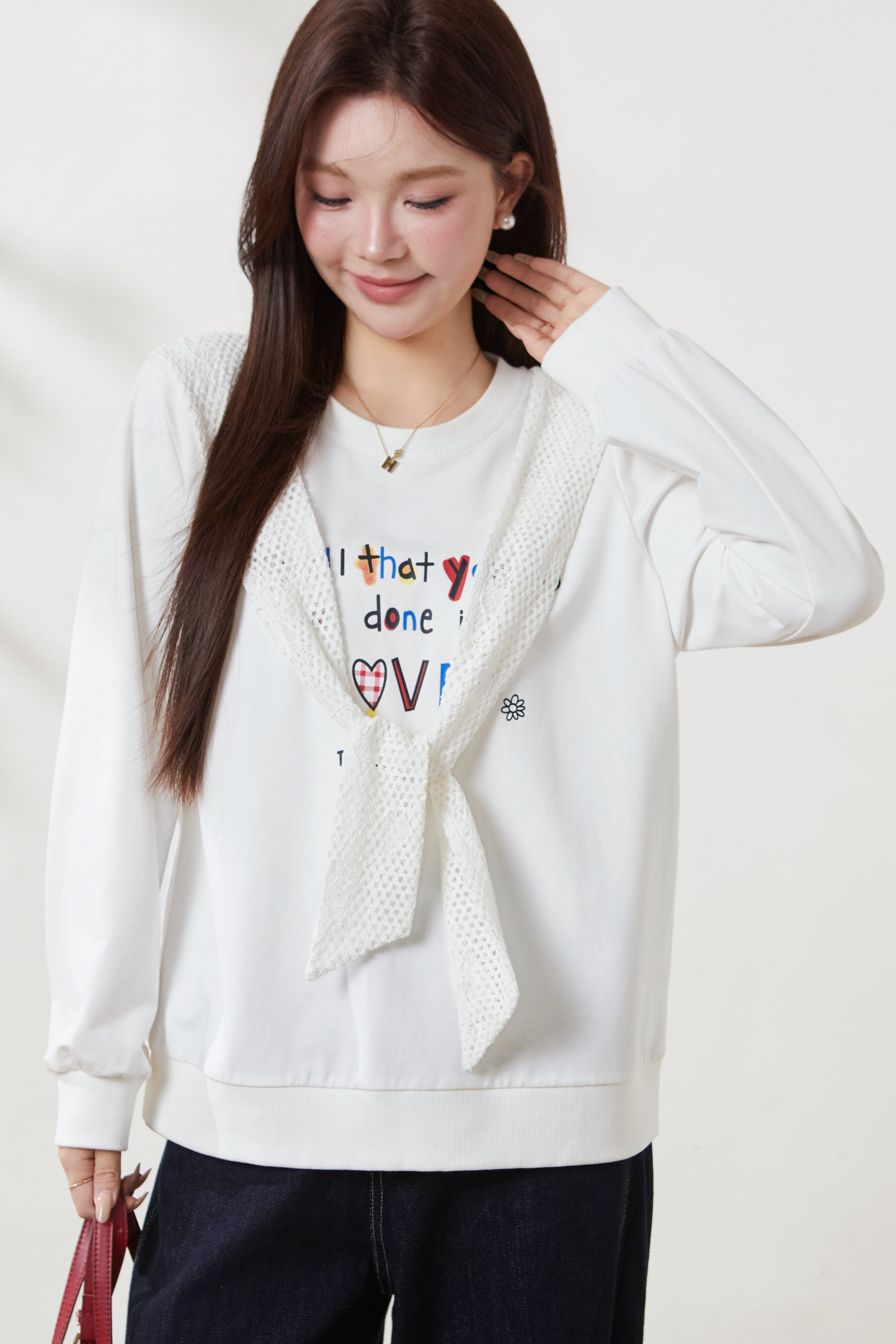 Lace Scarf Round Neck Printed Sweatshirt FCZ6866