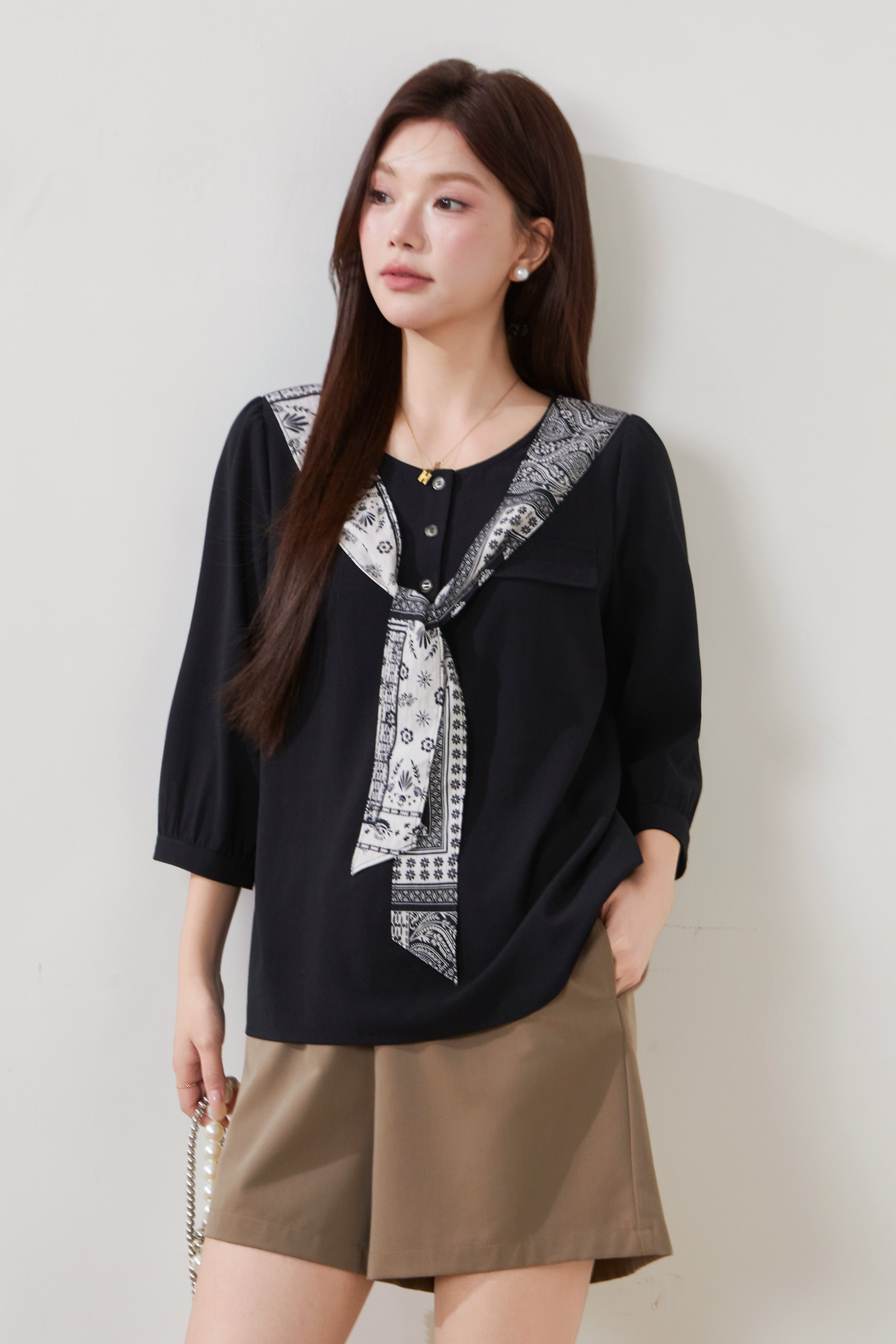 Printed shawl with ribbon, imitation cotton-linen blouse FCA6925