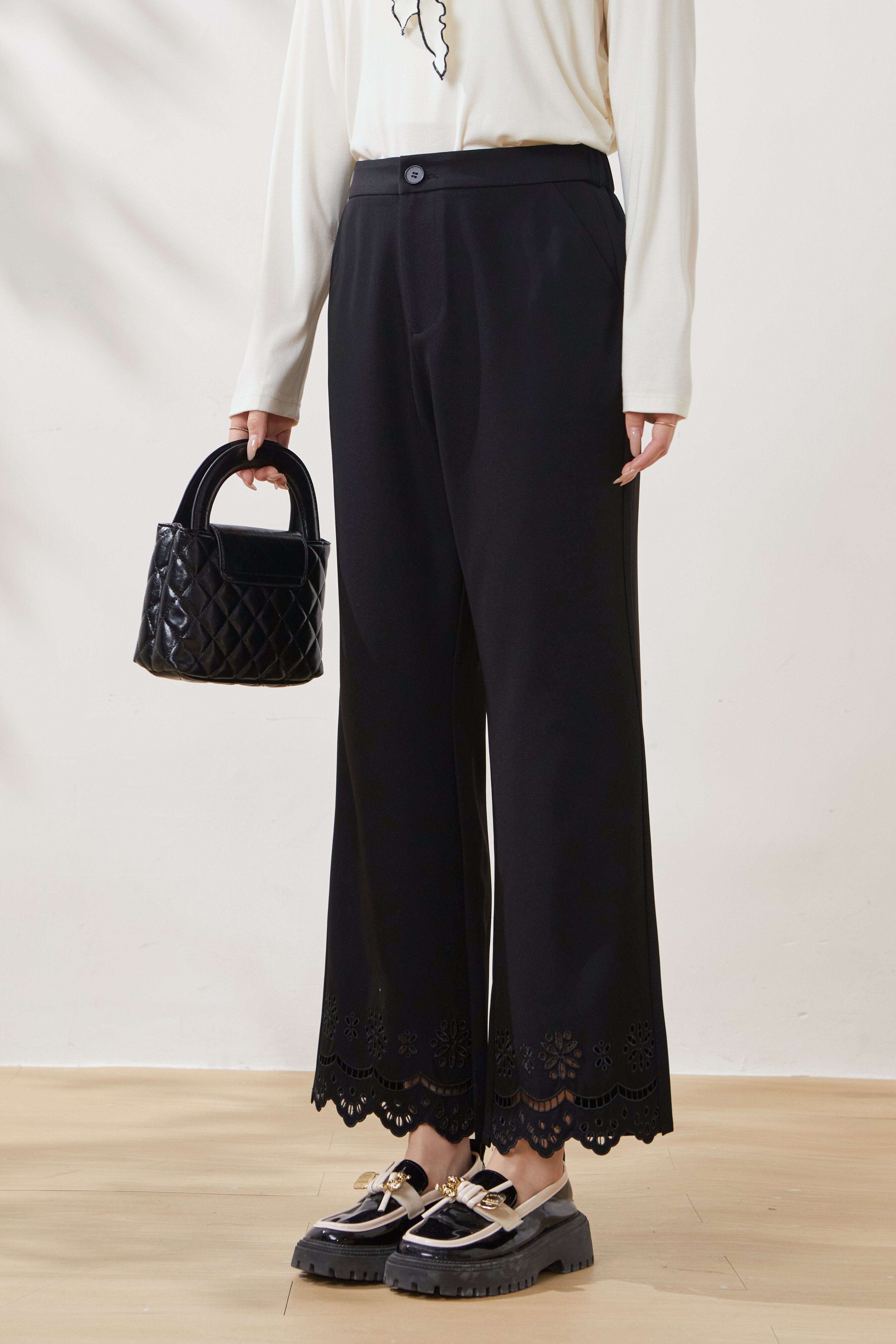 Embroidered hollow-out flared casual pants FCK6927