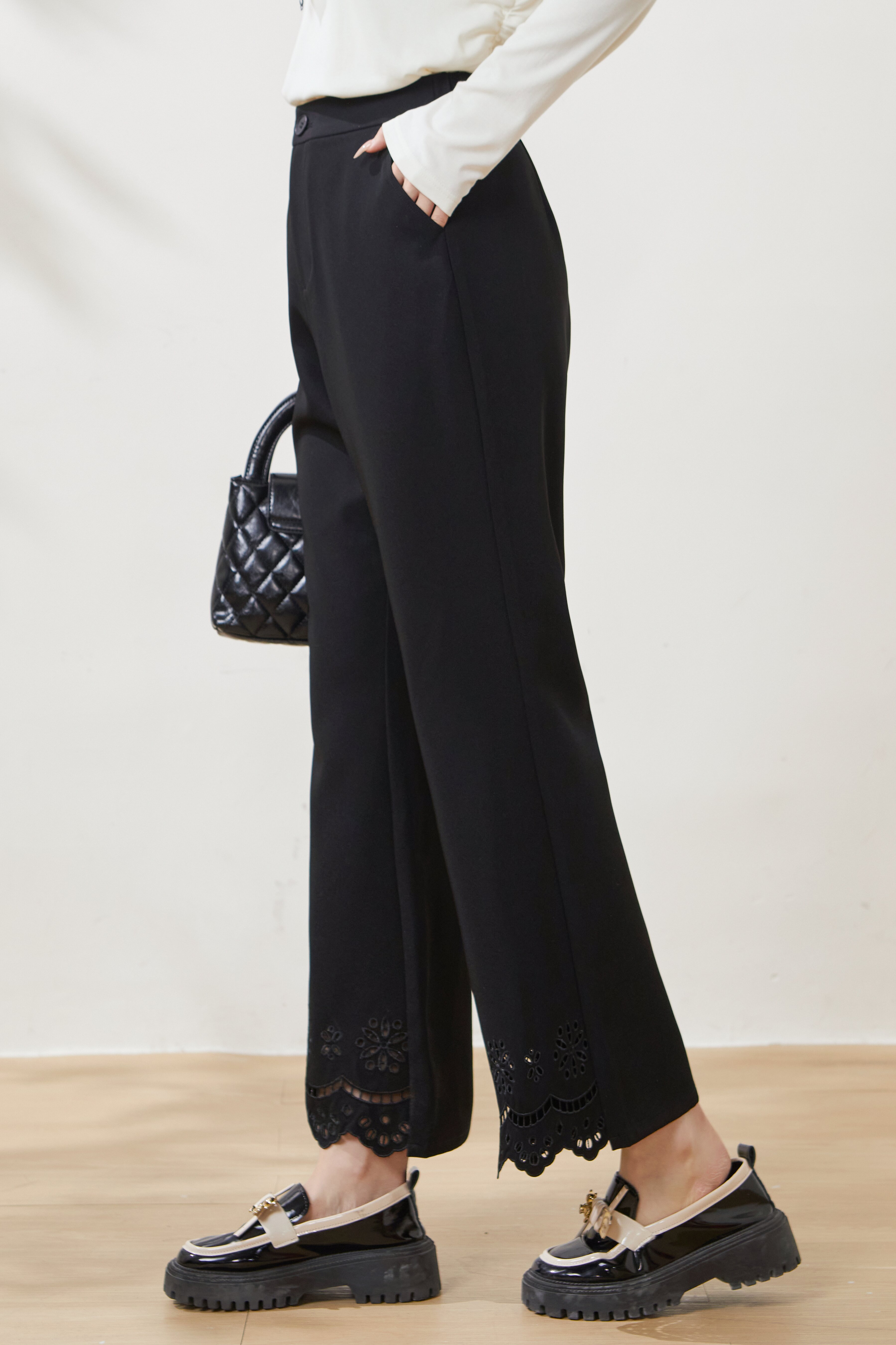 Embroidered hollow-out flared casual pants FCK6927