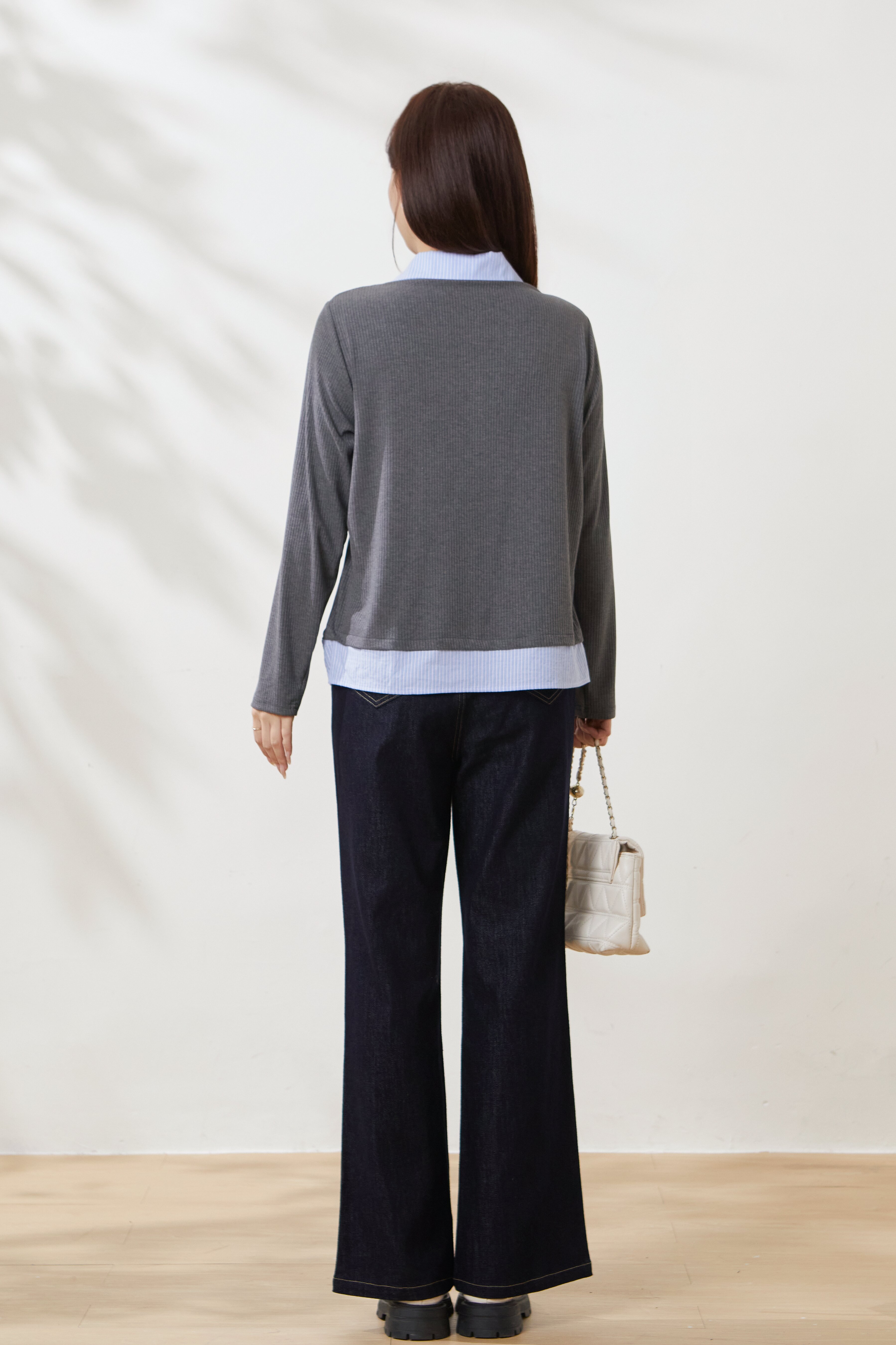 Striped V-neck faux two-piece knit shirt FCA6910