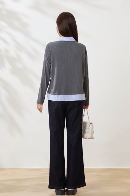 Striped V-neck faux two-piece knit shirt FCA6910