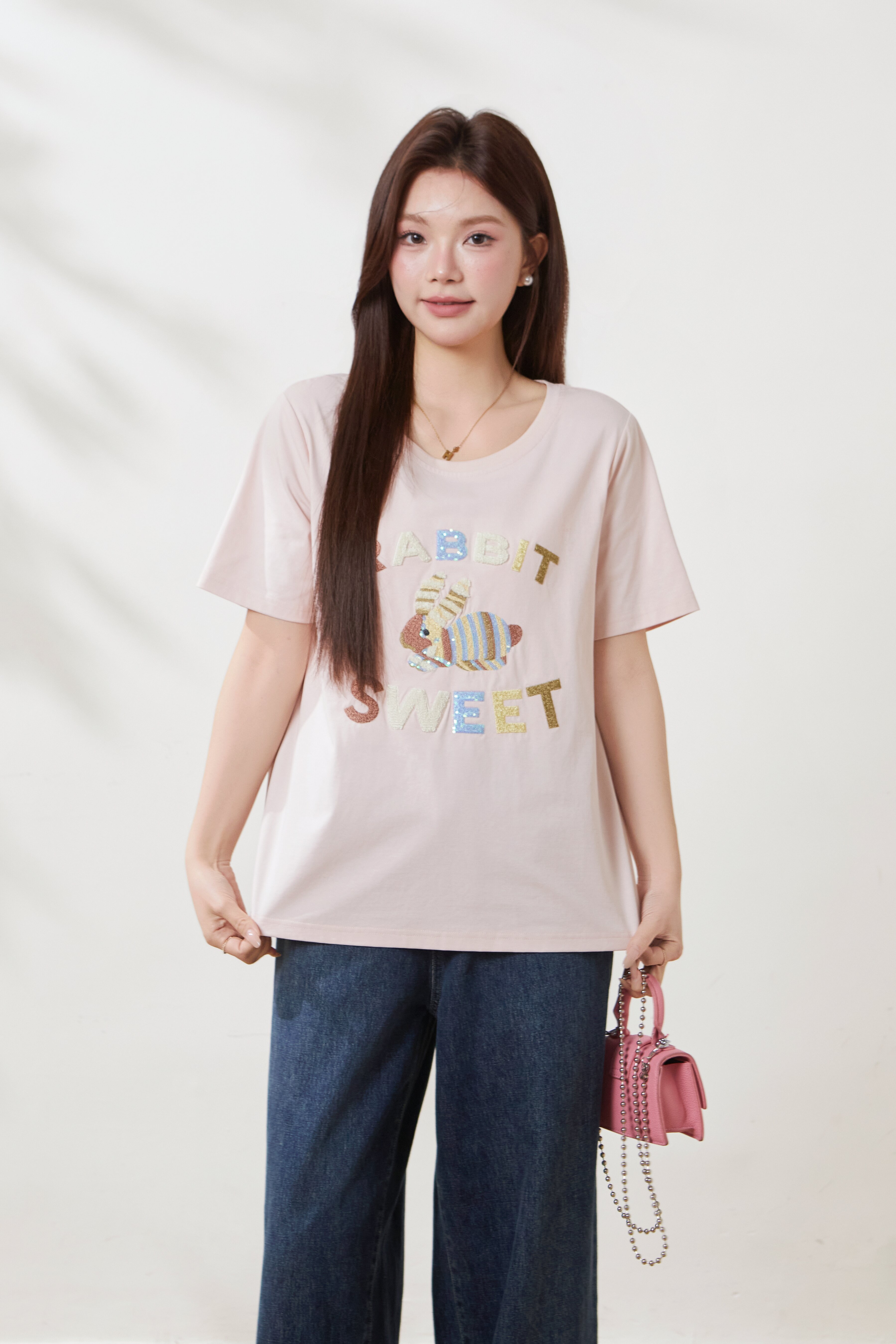High-end three-dimensional fur embroidered knitted T-shirt FXZ7073