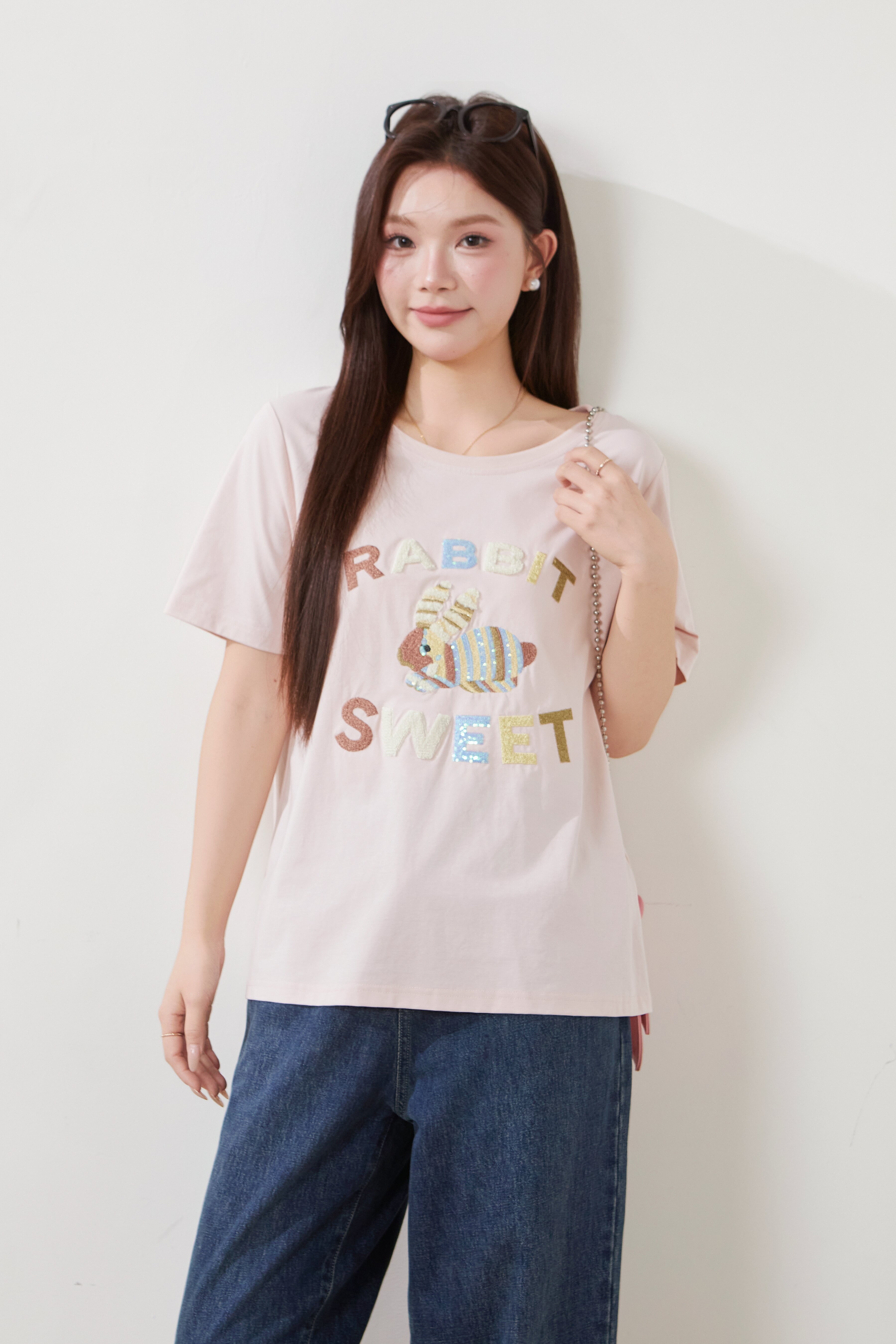 High-end three-dimensional fur embroidered knitted T-shirt FXZ7073