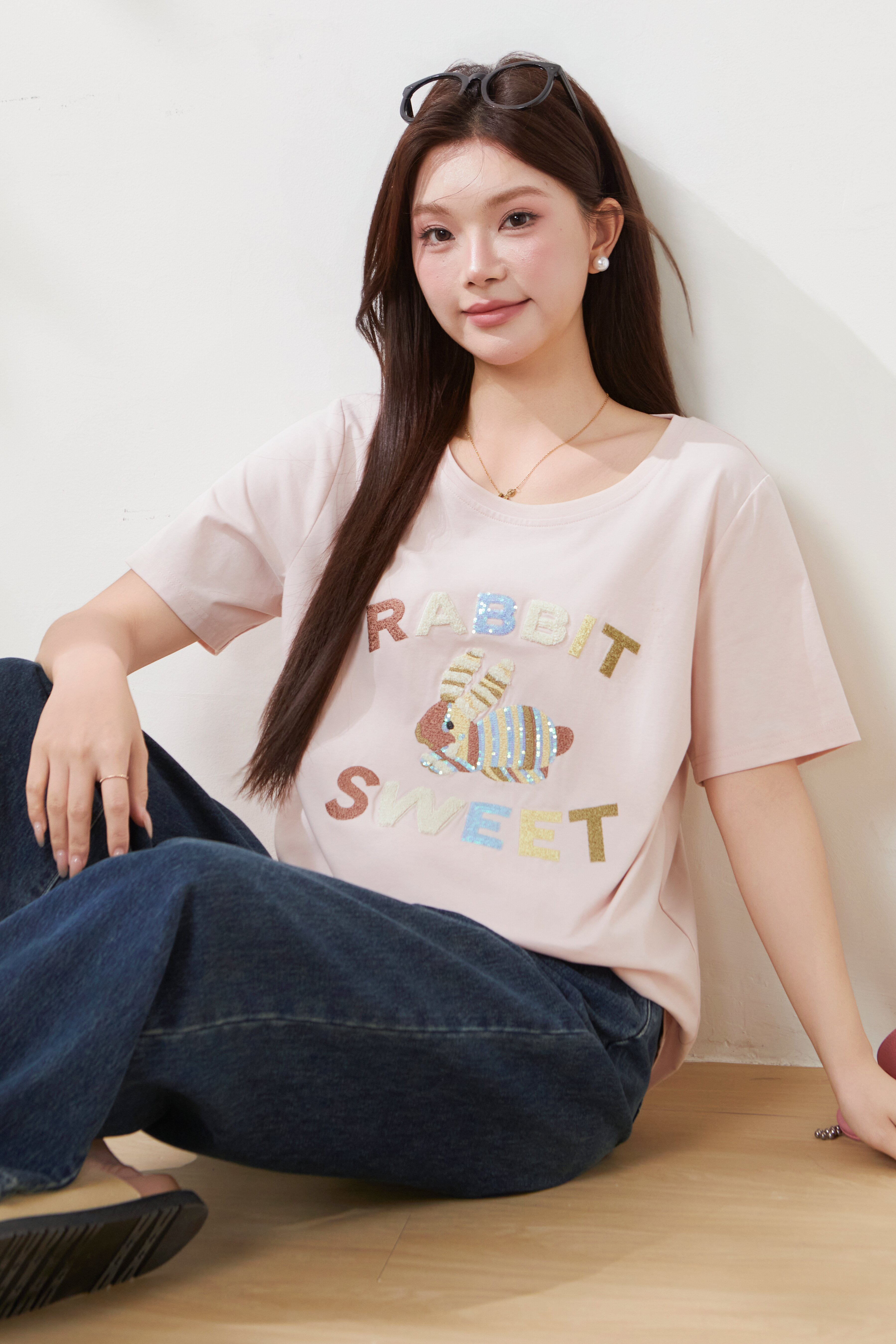 High-end three-dimensional fur embroidered knitted T-shirt FXZ7073