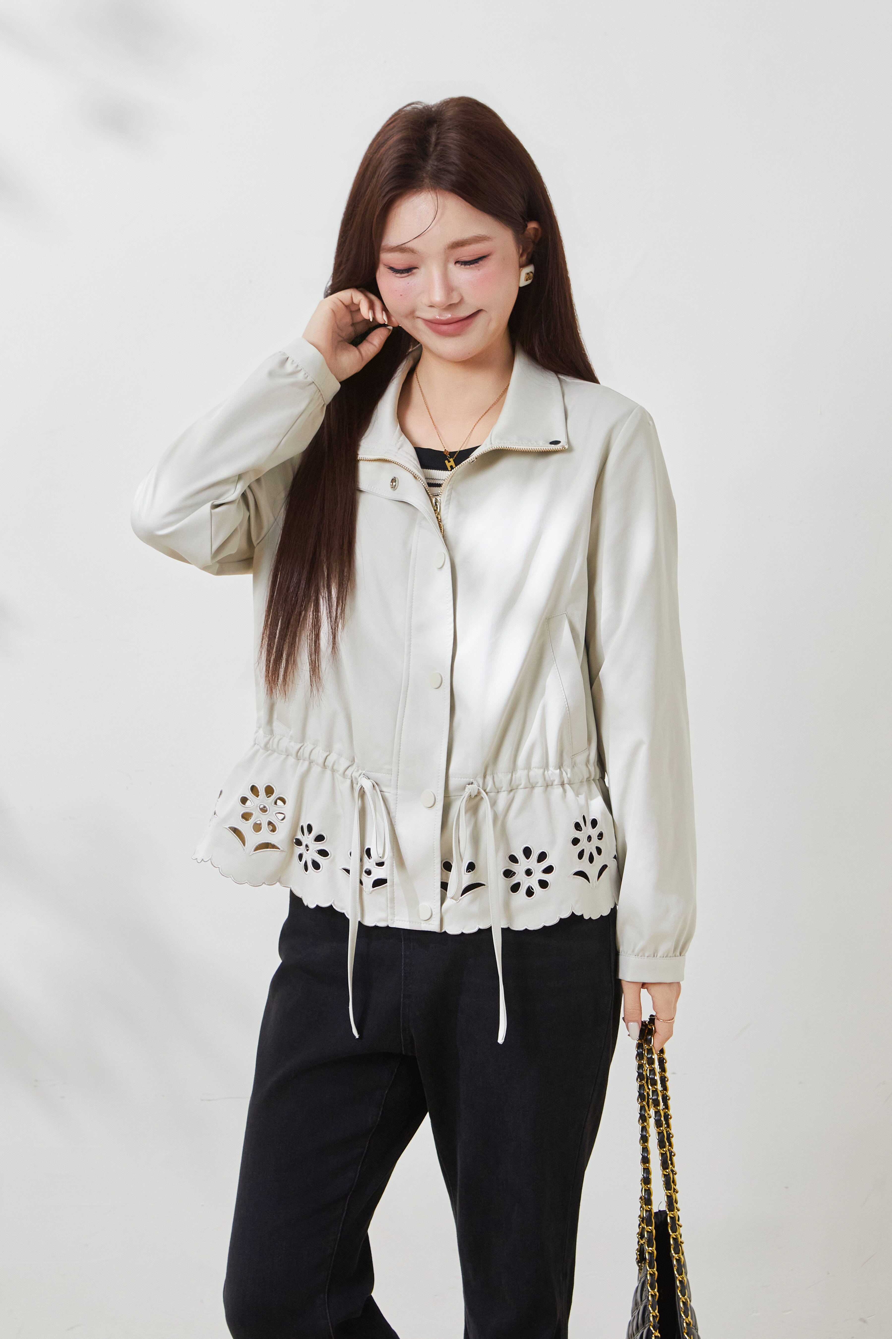 Stand-up collar hollowed-out waist-cinching jacket FCW7026