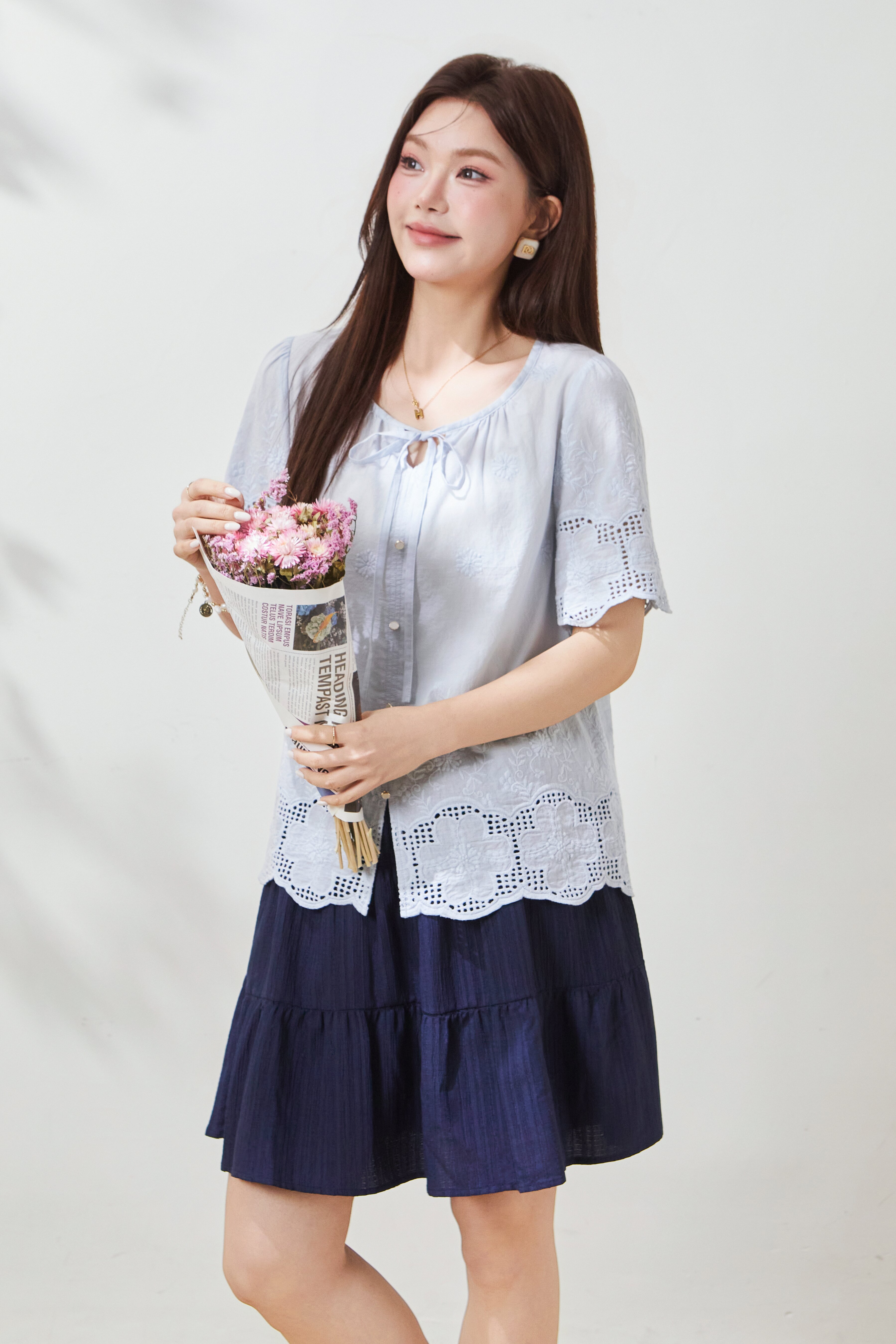 Puff Sleeve Cotton Embroidered Blouse FXA7032
