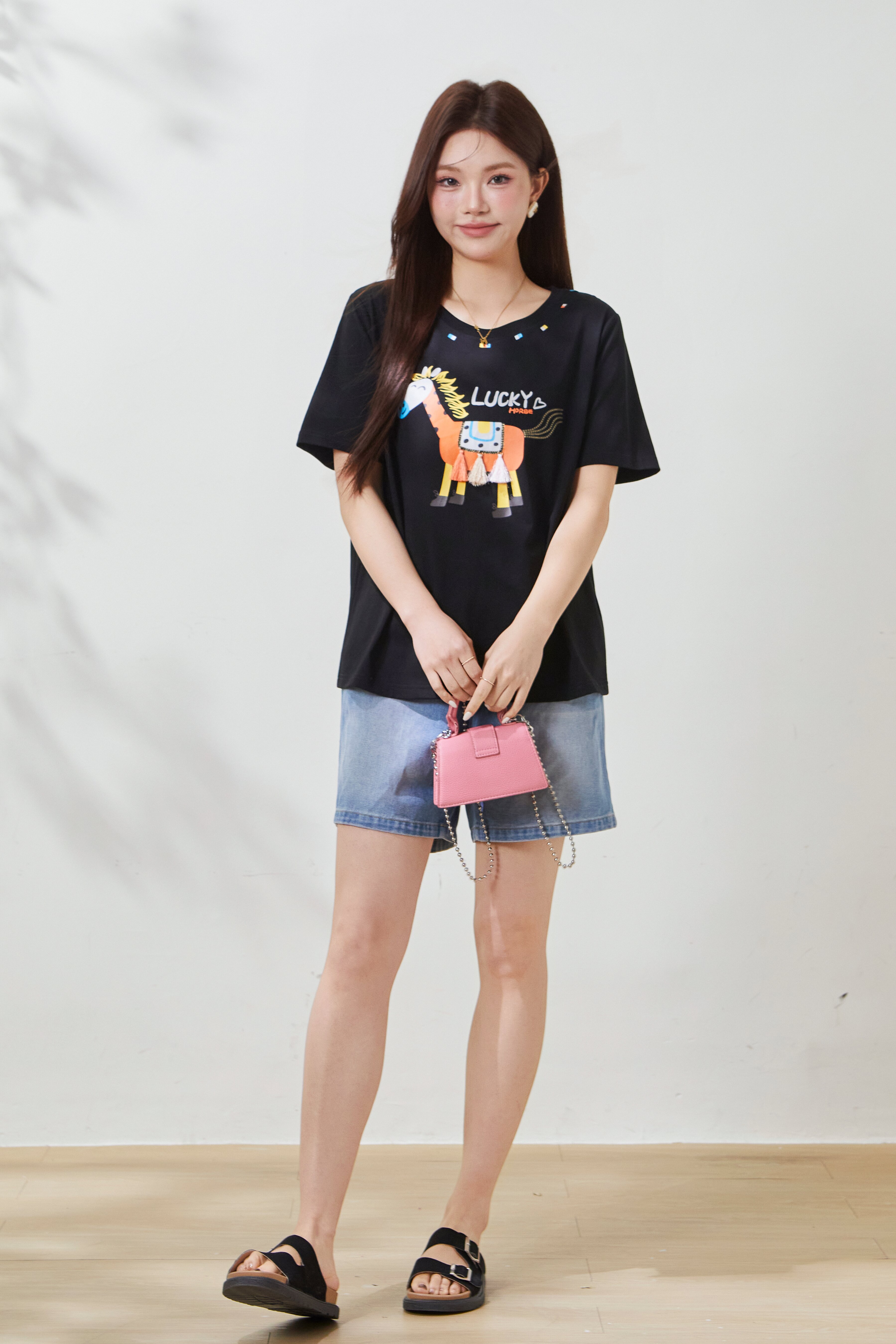 Unique cartoon printed fringe pony T-shirt FXZ8073