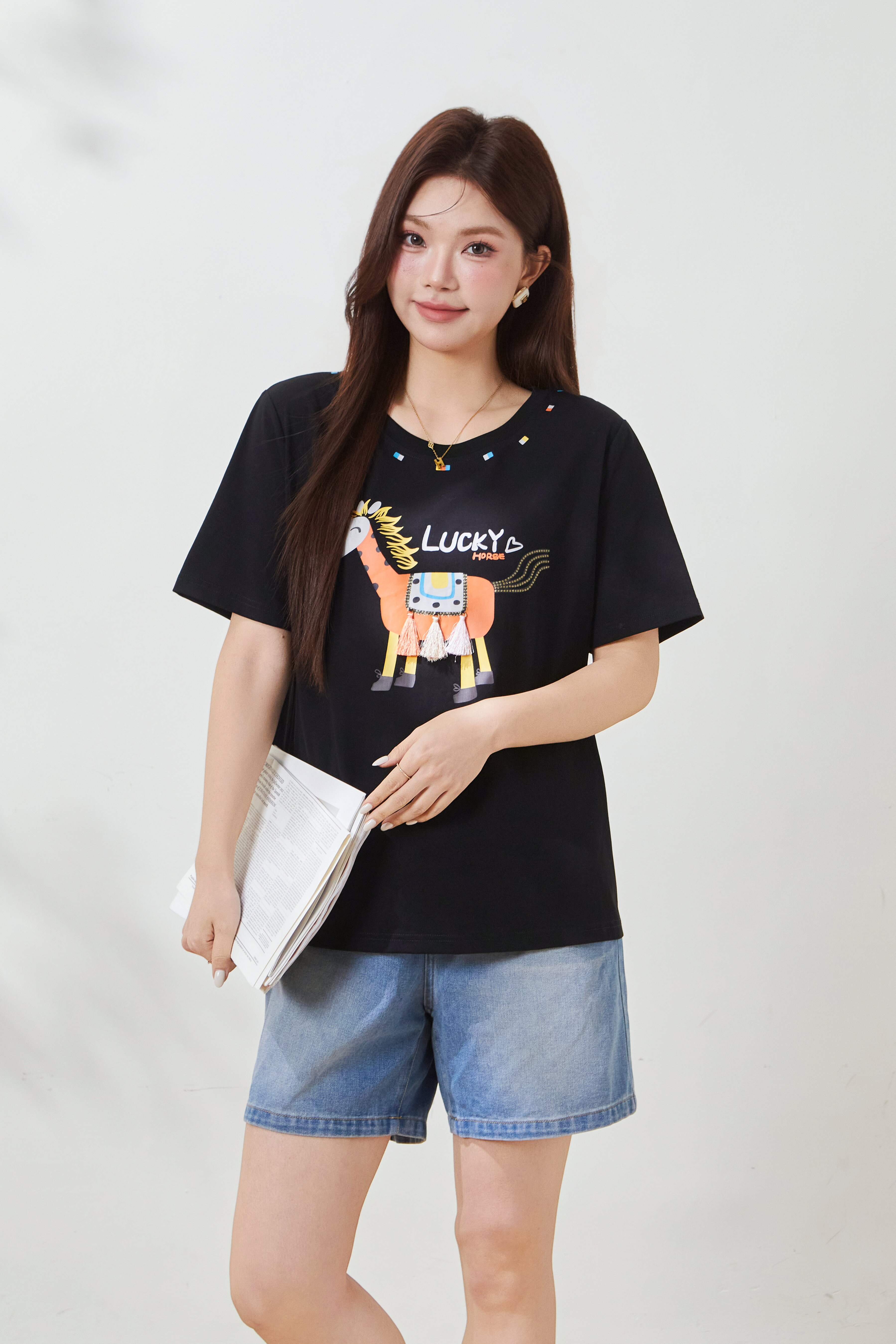 Unique cartoon printed fringe pony T-shirt FXZ8073