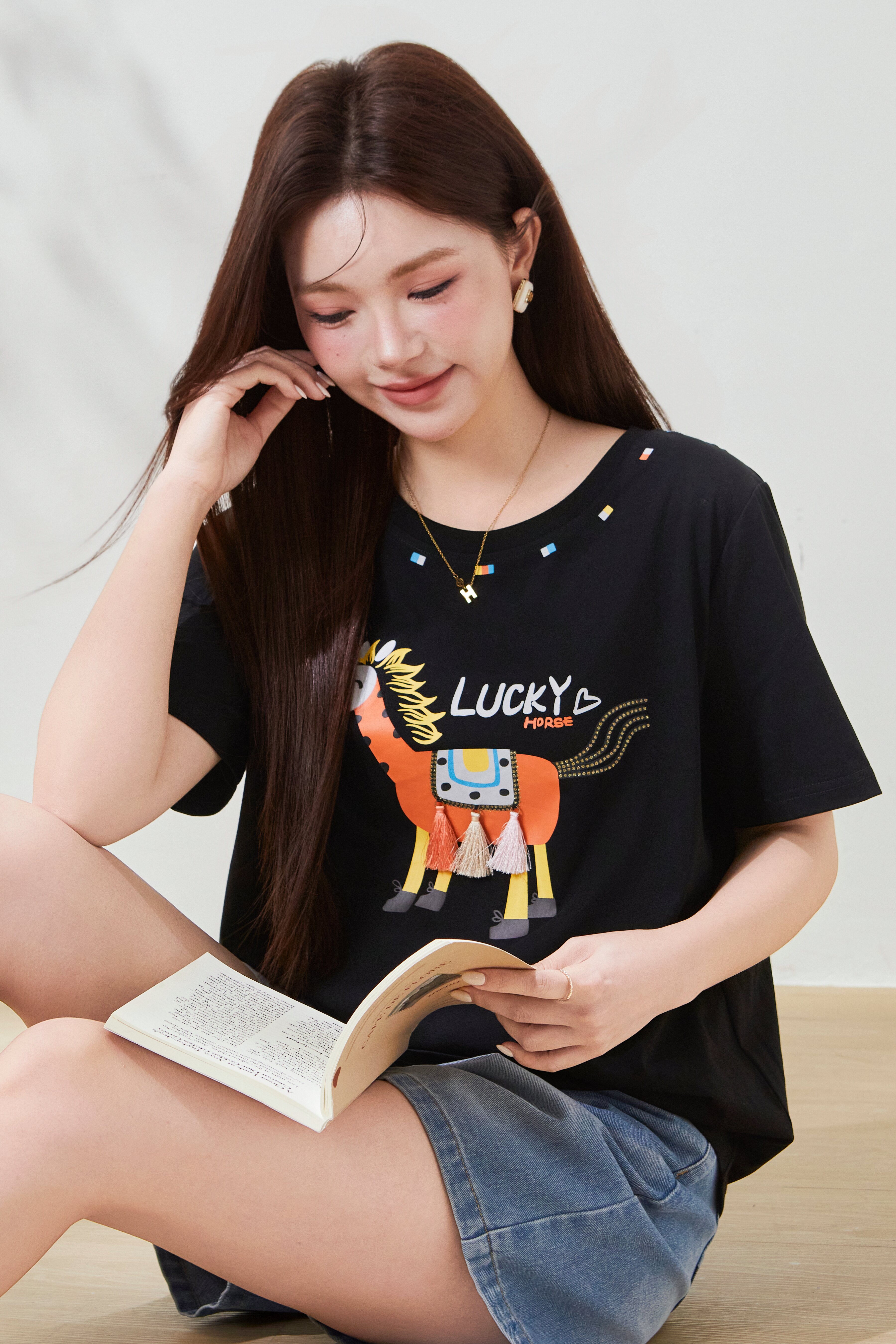 Unique cartoon printed fringe pony T-shirt FXZ8073