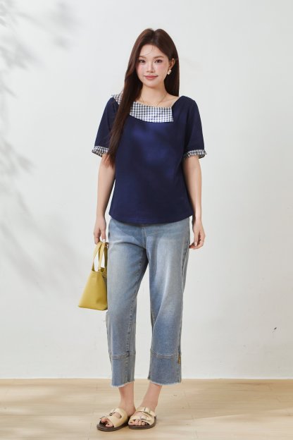 Asymmetrical plaid patchwork off-shoulder T-shirt FXZ7017