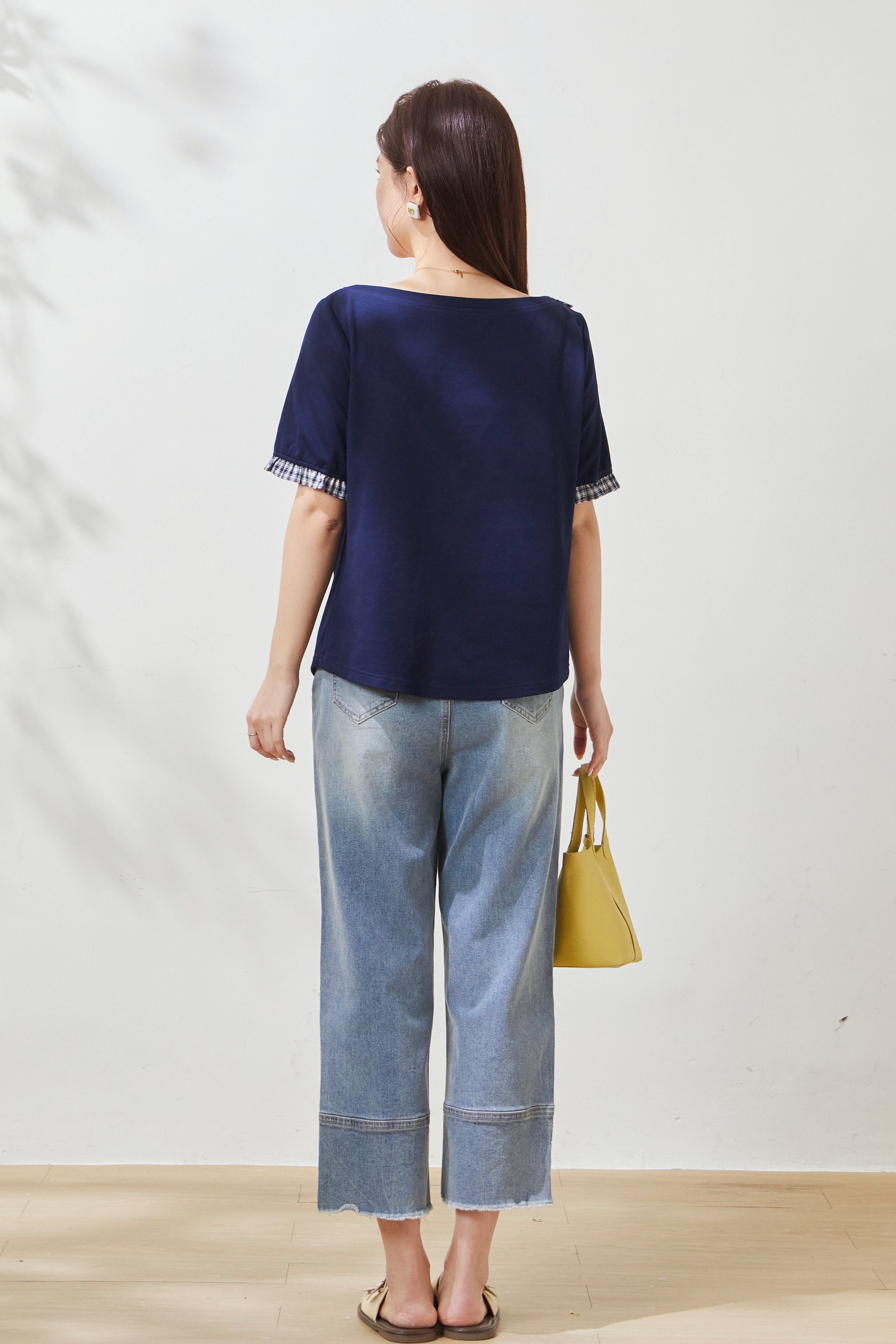 Asymmetrical plaid patchwork off-shoulder T-shirt FXZ7017