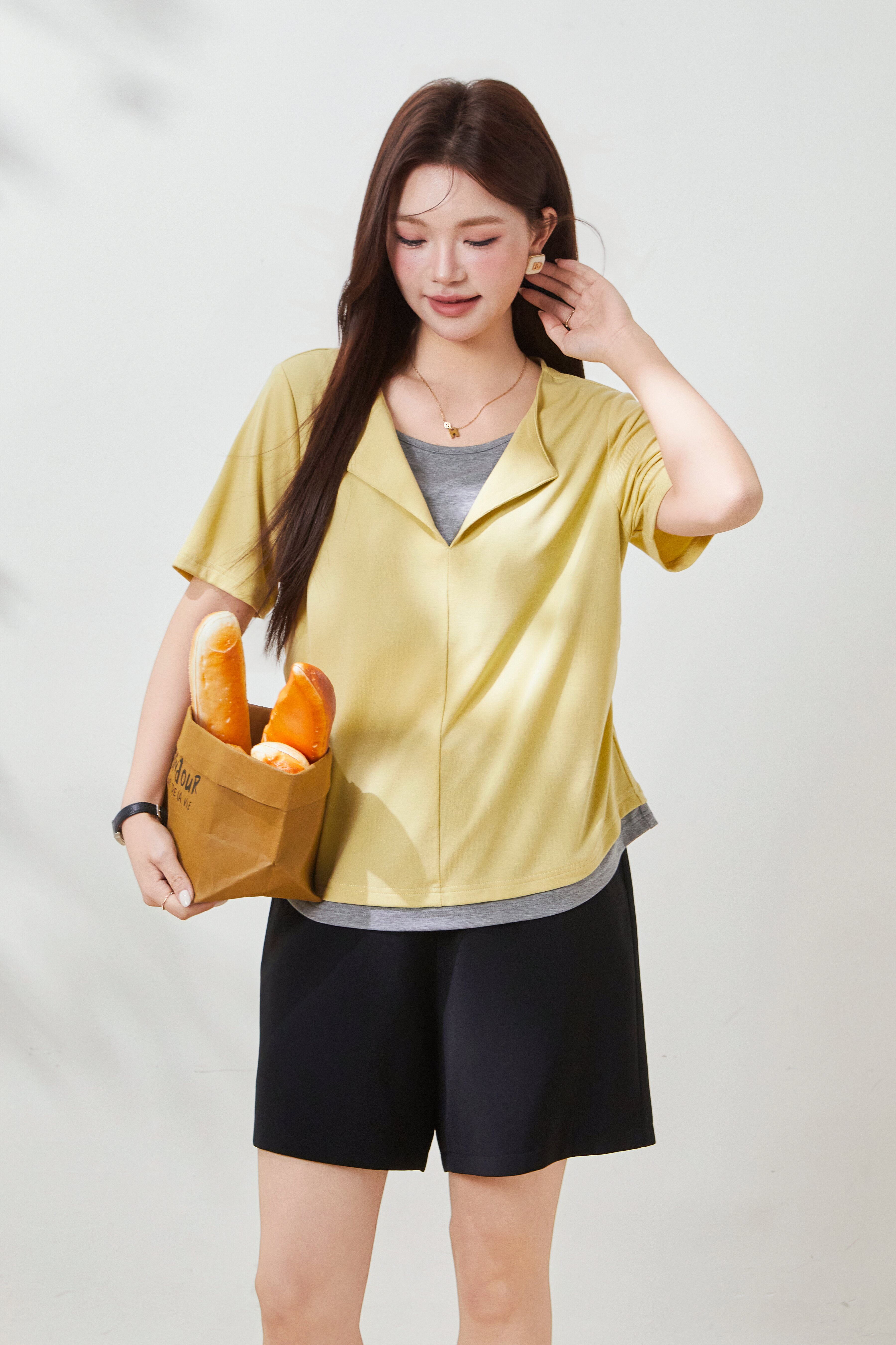 Fake Two-Piece Waist-Cinching Lyocell T-Shirt FXZ7038