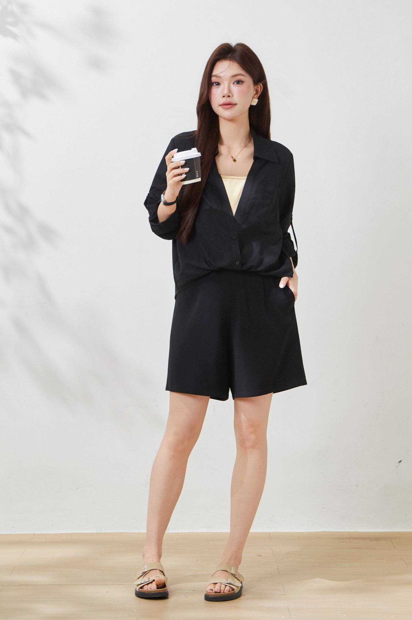Two-tone faux two-piece V-neck blouse FCA6889