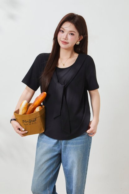 Shawl Collar Lyocell Cotton Knit T-Shirt FXZ7053