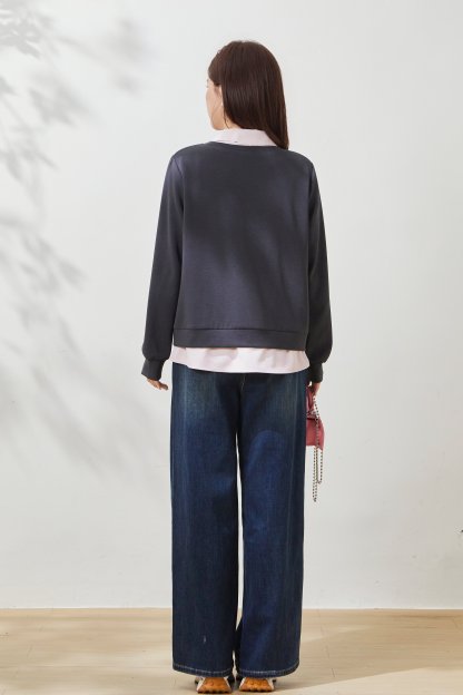 Fake two-piece color-blocked printed top with turn-down collar FCZ7081