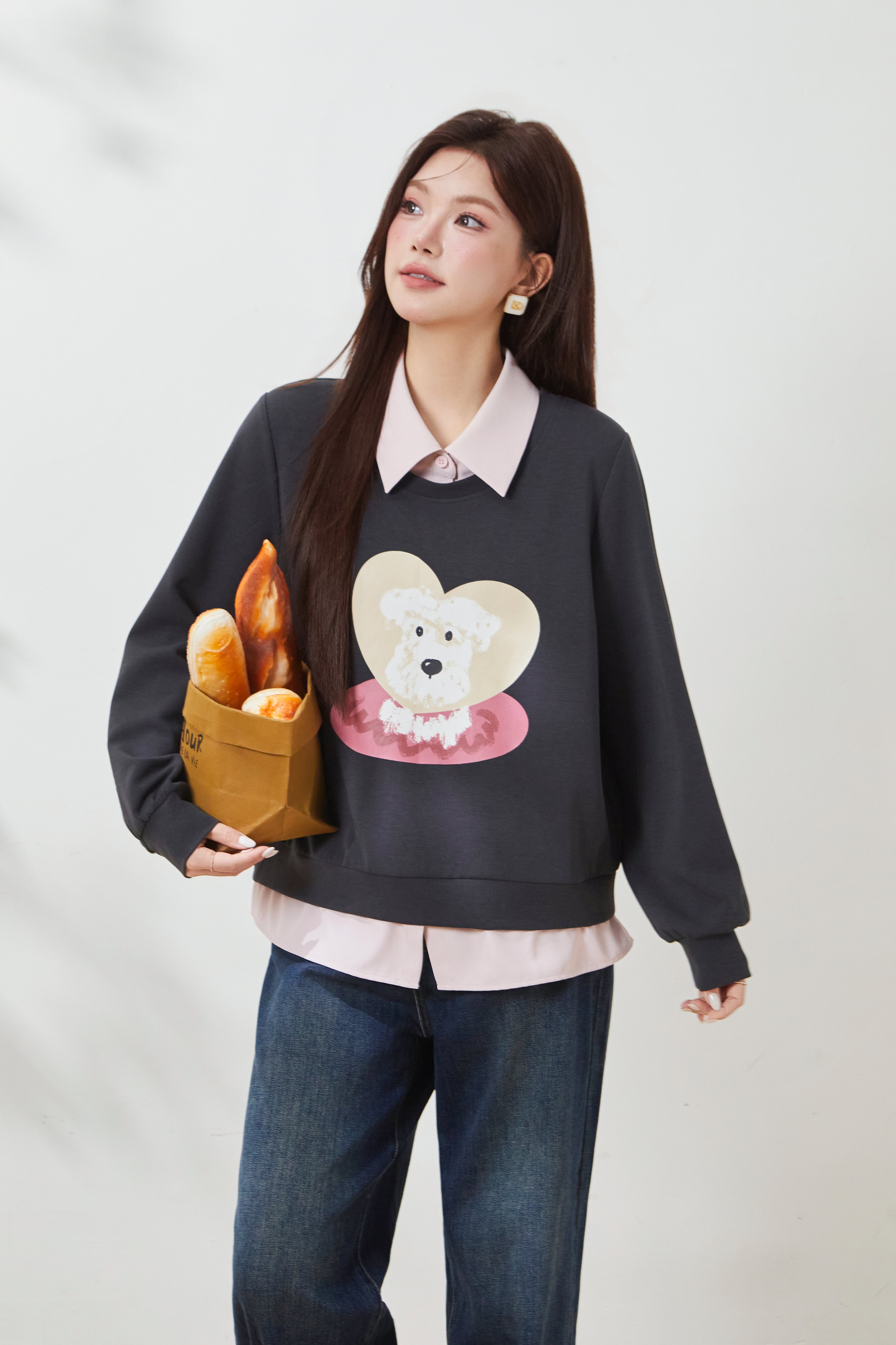 Fake two-piece color-blocked printed top with turn-down collar FCZ7081
