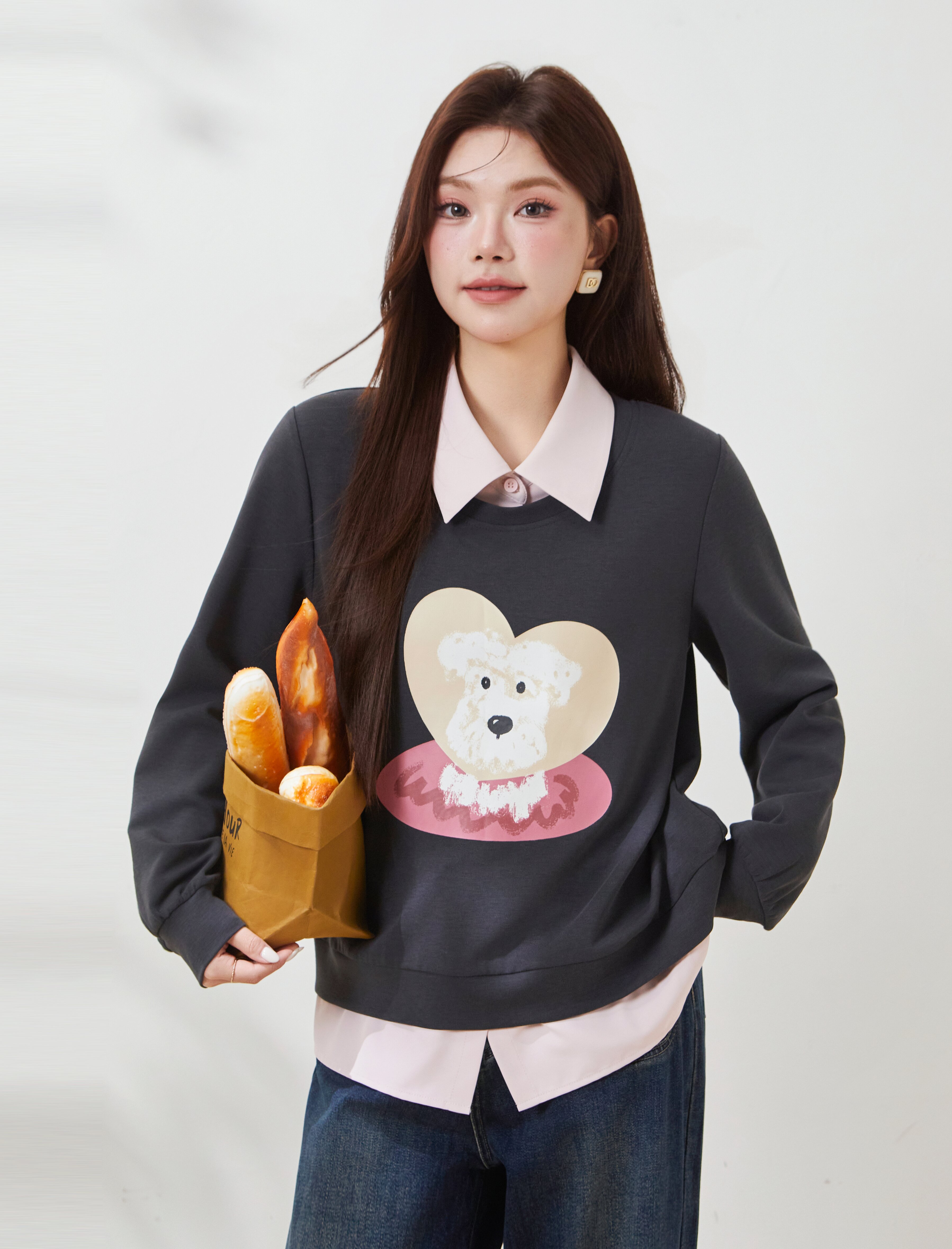 Fake two-piece color-blocked printed top with turn-down collar FCZ7081