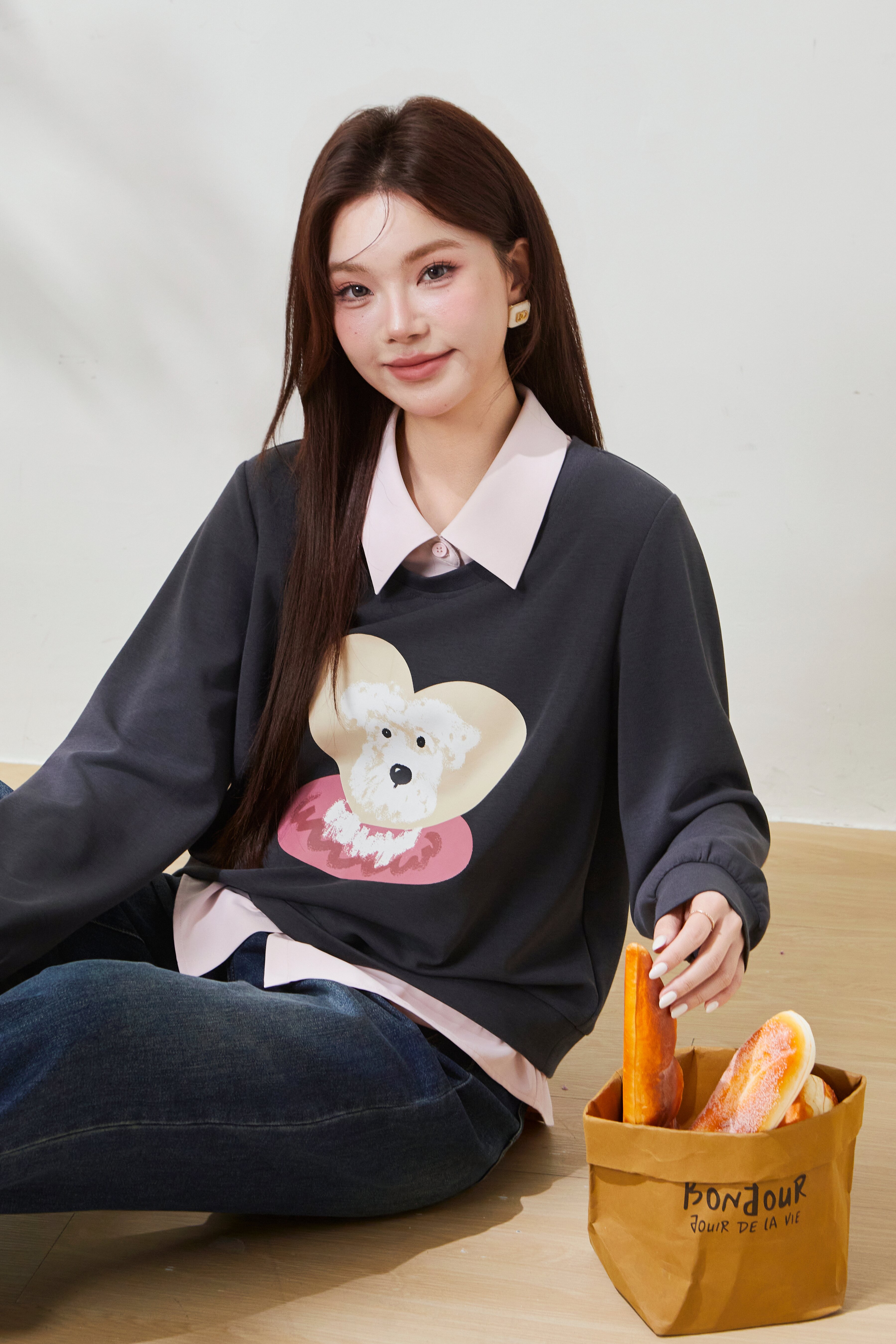Fake two-piece color-blocked printed top with turn-down collar FCZ7081