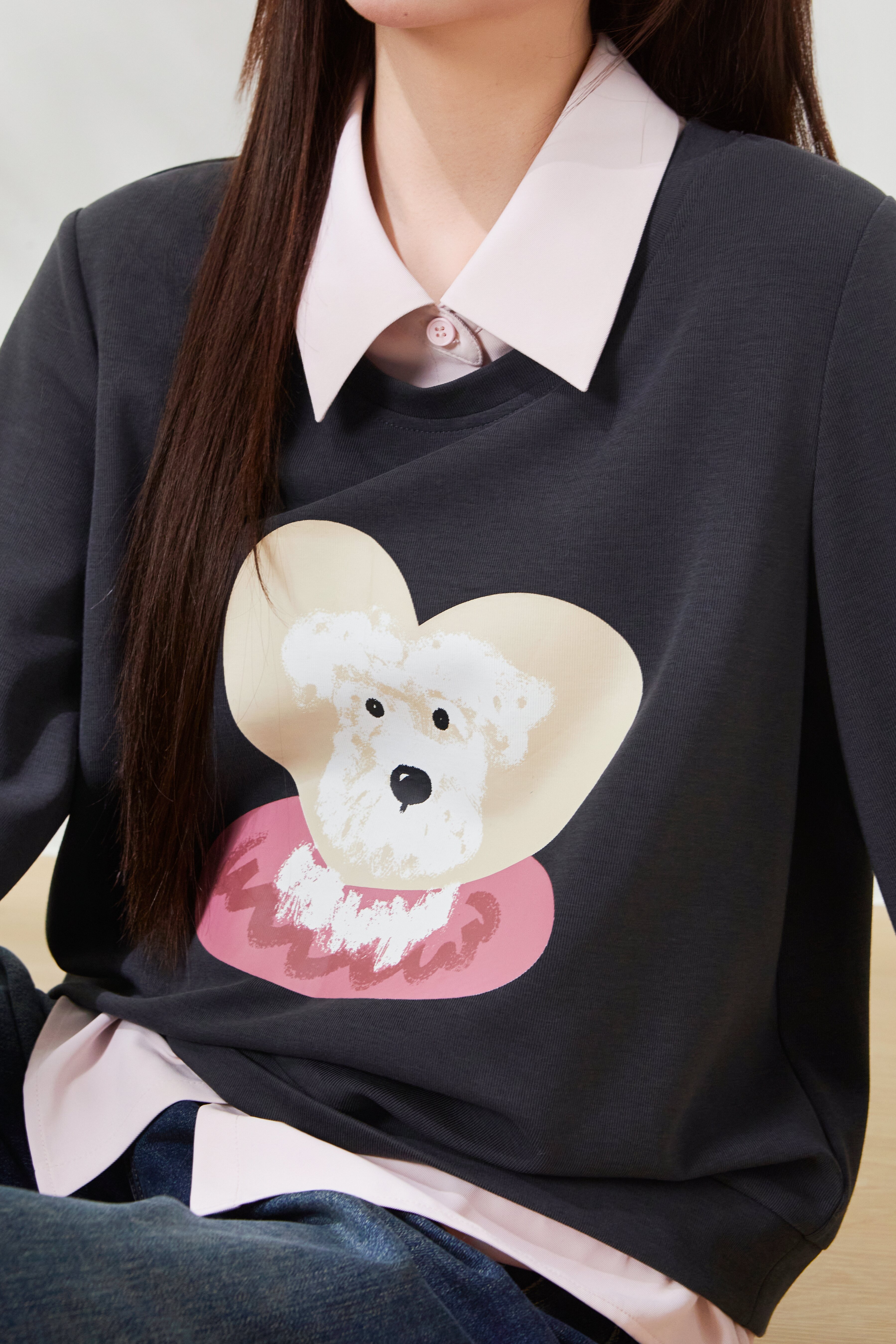 Fake two-piece color-blocked printed top with turn-down collar FCZ7081