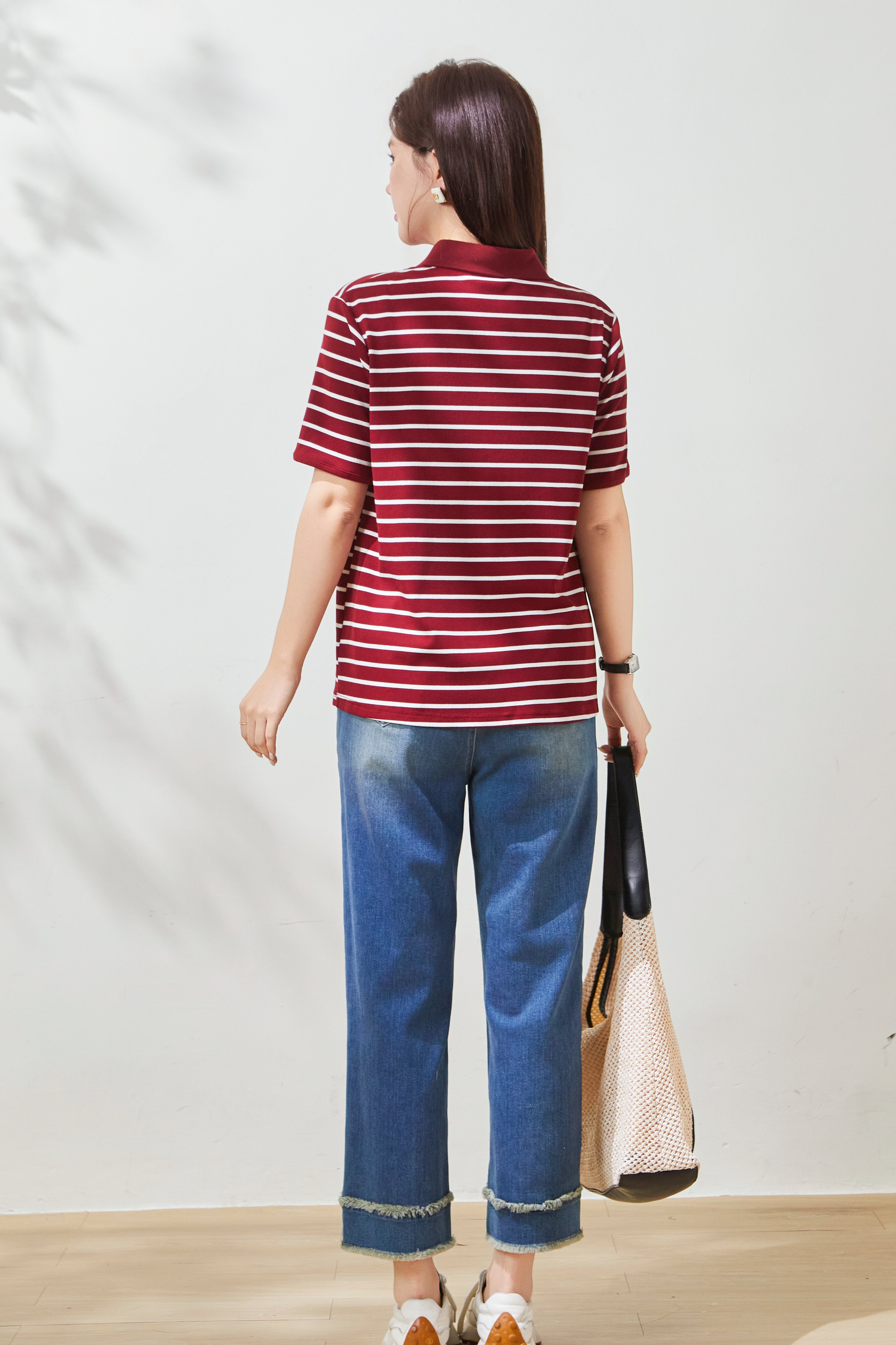 Knitted Ribbed V-Neck Striped T-Shirt FXZ7050