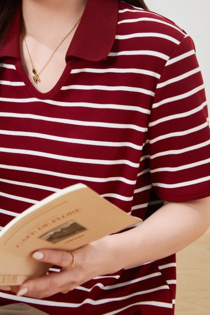 Knitted Ribbed V-Neck Striped T-Shirt FXZ7050