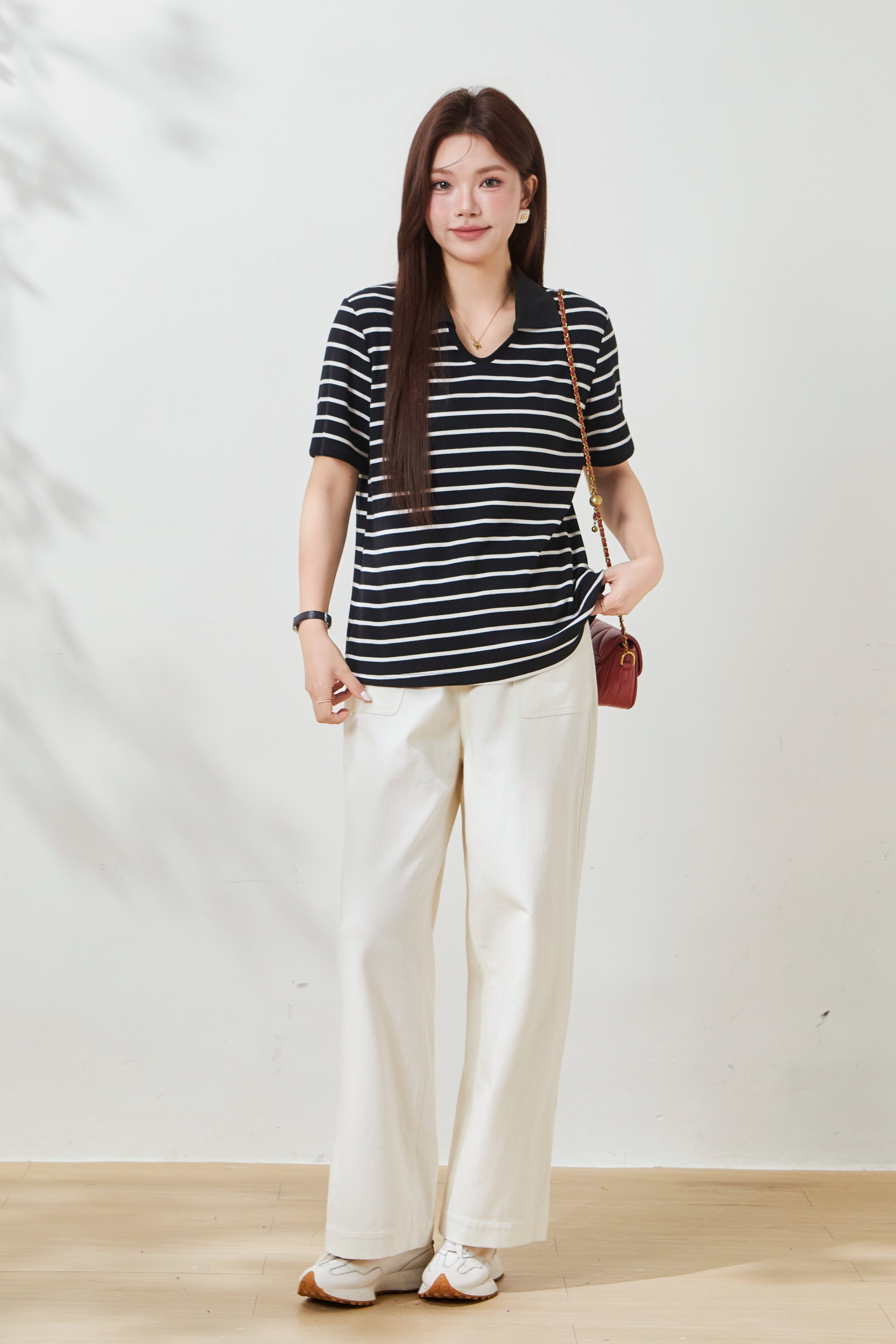 Knitted Ribbed V-Neck Striped T-Shirt FXZ7050