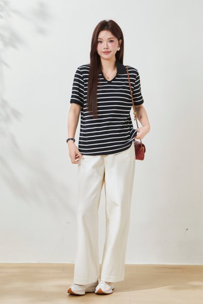 Knitted Ribbed V-Neck Striped T-Shirt FXZ7050