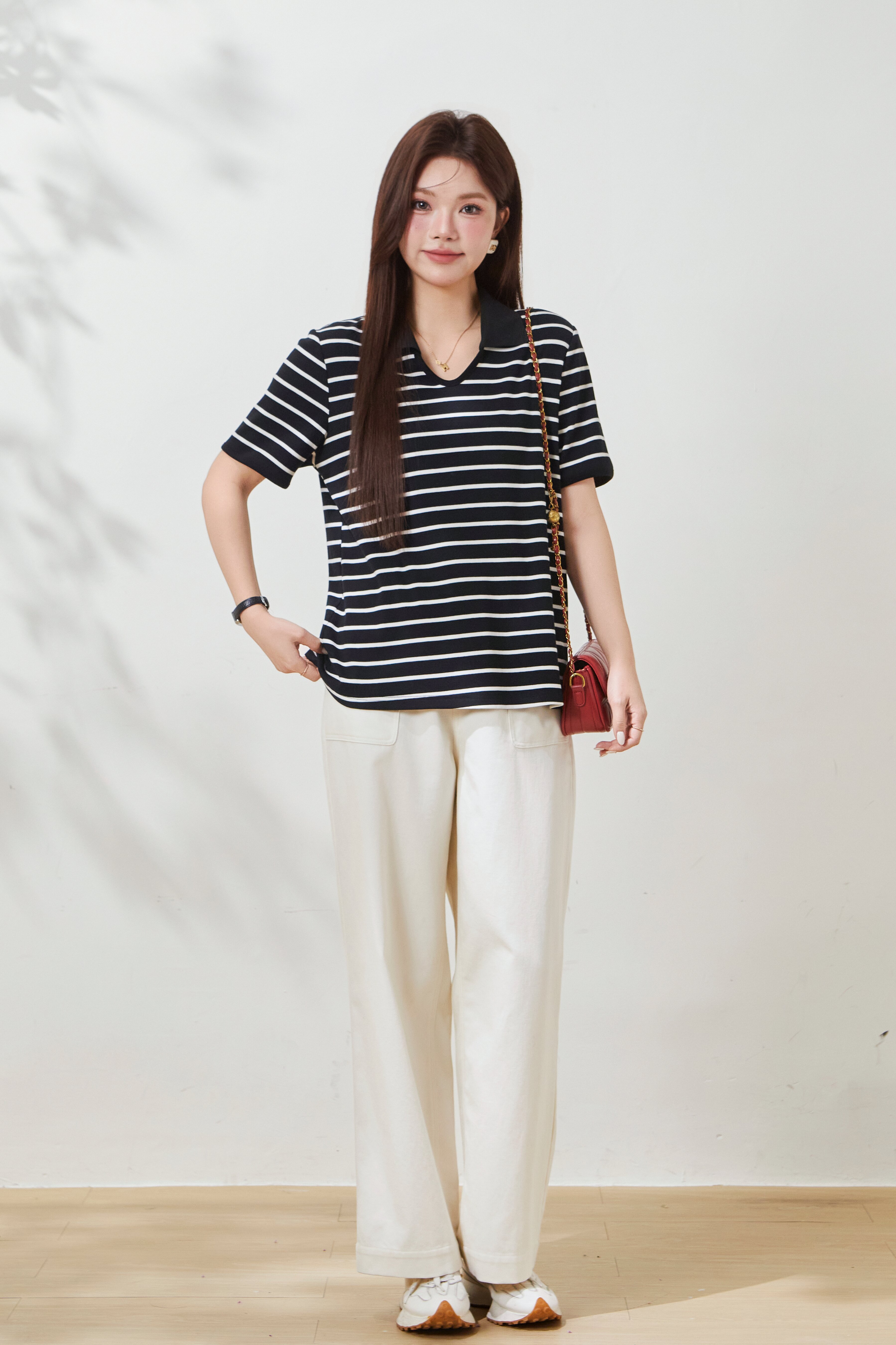 Knitted Ribbed V-Neck Striped T-Shirt FXZ7050