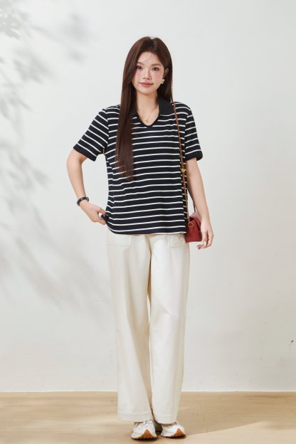 Knitted Ribbed V-Neck Striped T-Shirt FXZ7050